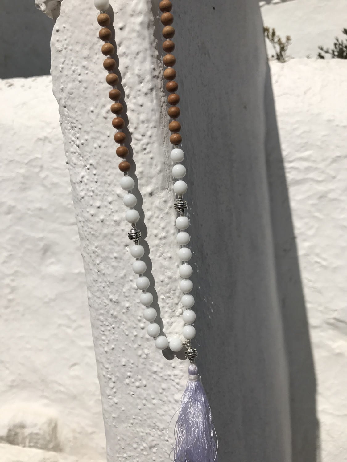 Himalayan Mala Necklace with Genuine White Moonstone, Sandalwood Beads, Silver Accents & Silk Tassel - Meditation, Yoga & Spiritual Jewelry for Mindfulness Practice