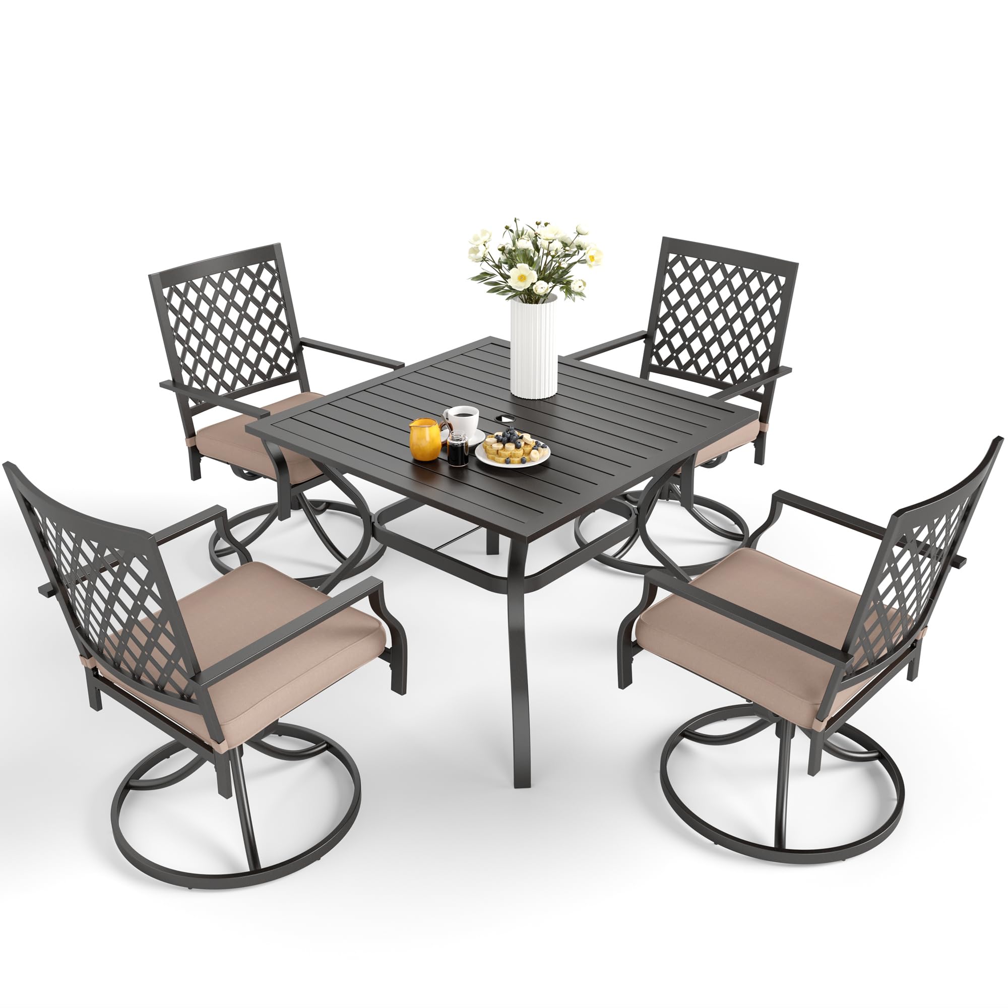 MFSTUDIO 5-Piece Black Metal Outdoor Patio Dining Set - 4 Swivel Chairs & Square Table with Umbrella Hole - Durable Garden Furniture for Backyard, Poolside & Restaurant Outdoor Seating