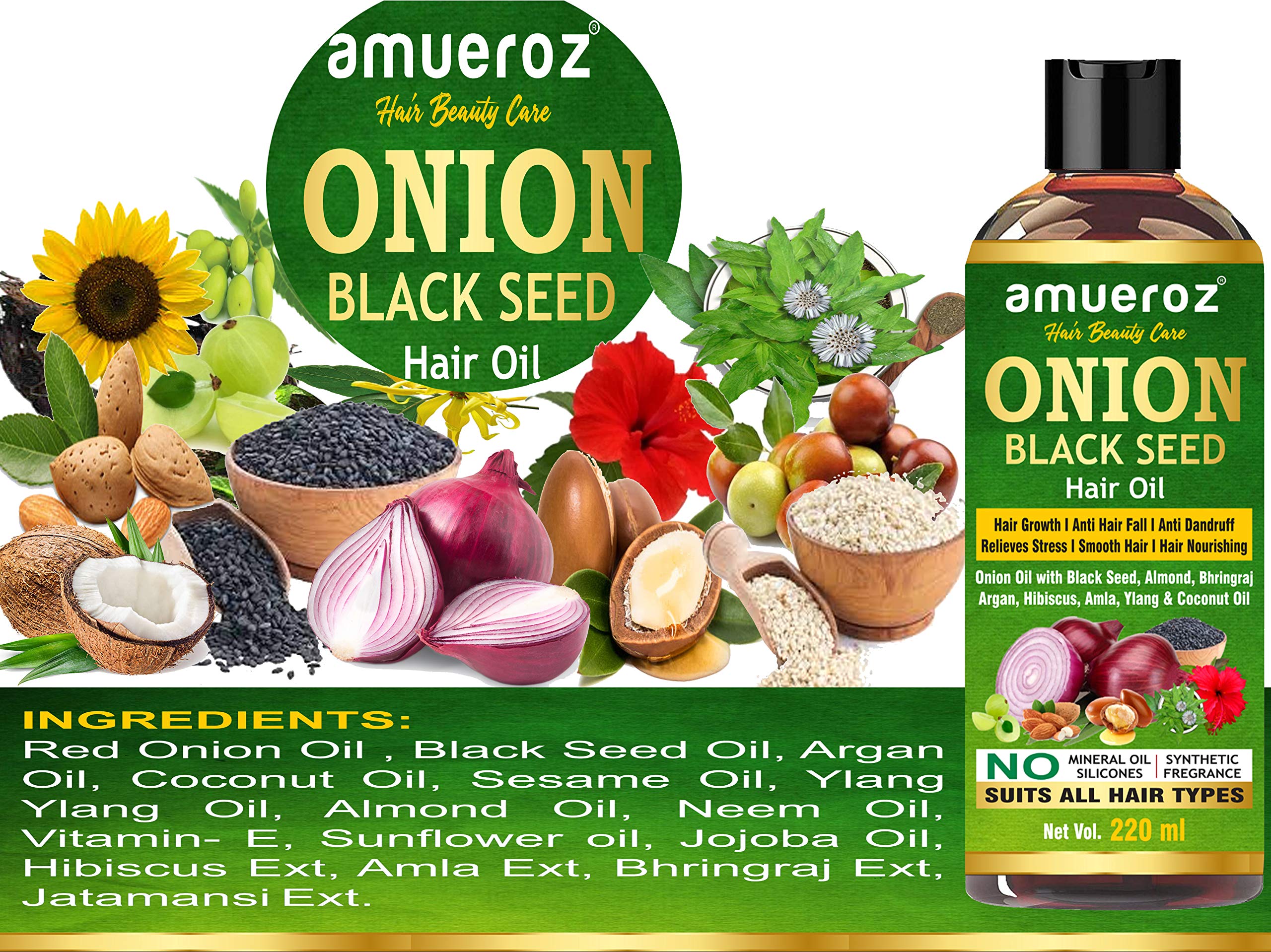 Amueroz Onion Black Seed Hair Oil for Hair Growth - 220ml | Anti Hair Loss, Anti Dandruff & Hair Fall Treatment | Promotes Strong & Healthy Hair for Men & Women | Relieves Stress - Perfect for Daily Scalp Massage & Nighttime Hair Care Routine