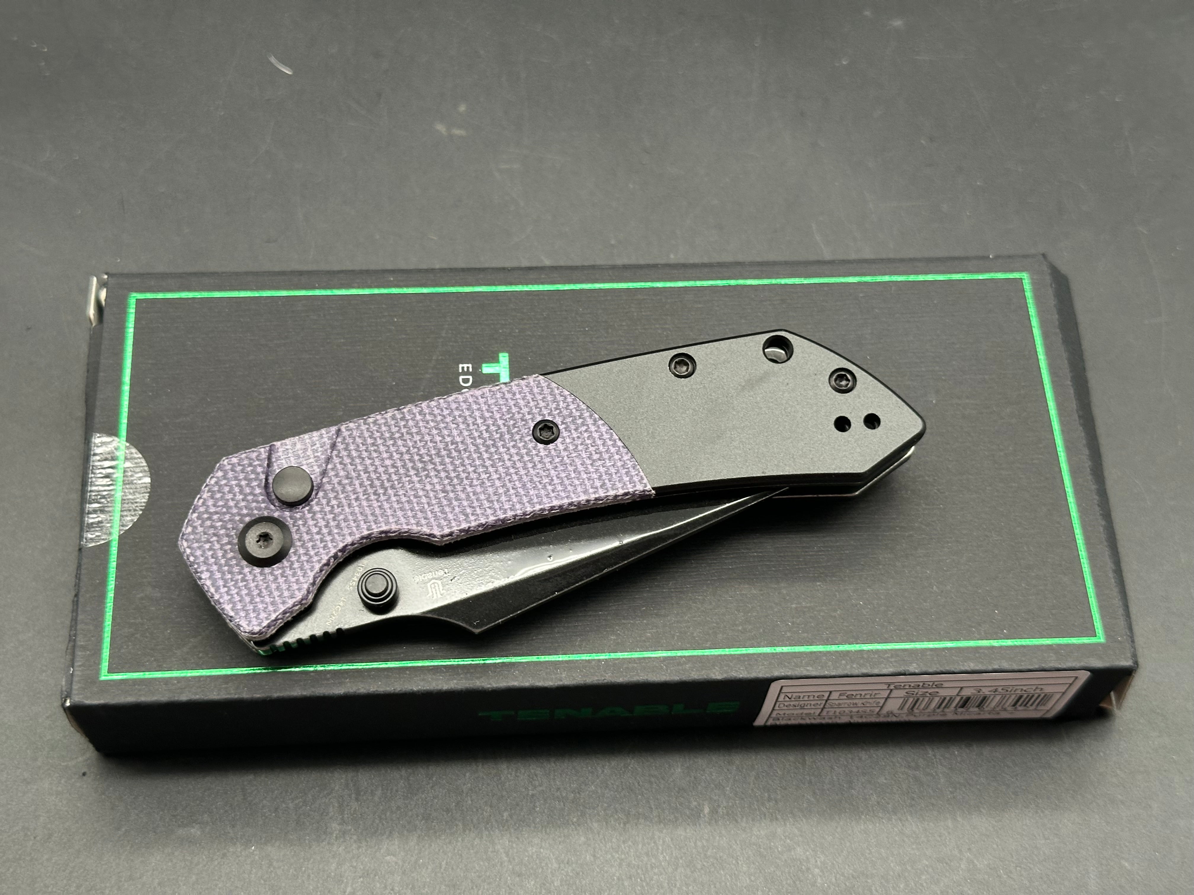 TENABLE FENRIR Button Lock Pocket Knife - Purple Micarta & Blackwash Aluminum Handle, 14C28N Harpoon Blade | EDC, Outdoor Survival, Camping Gear