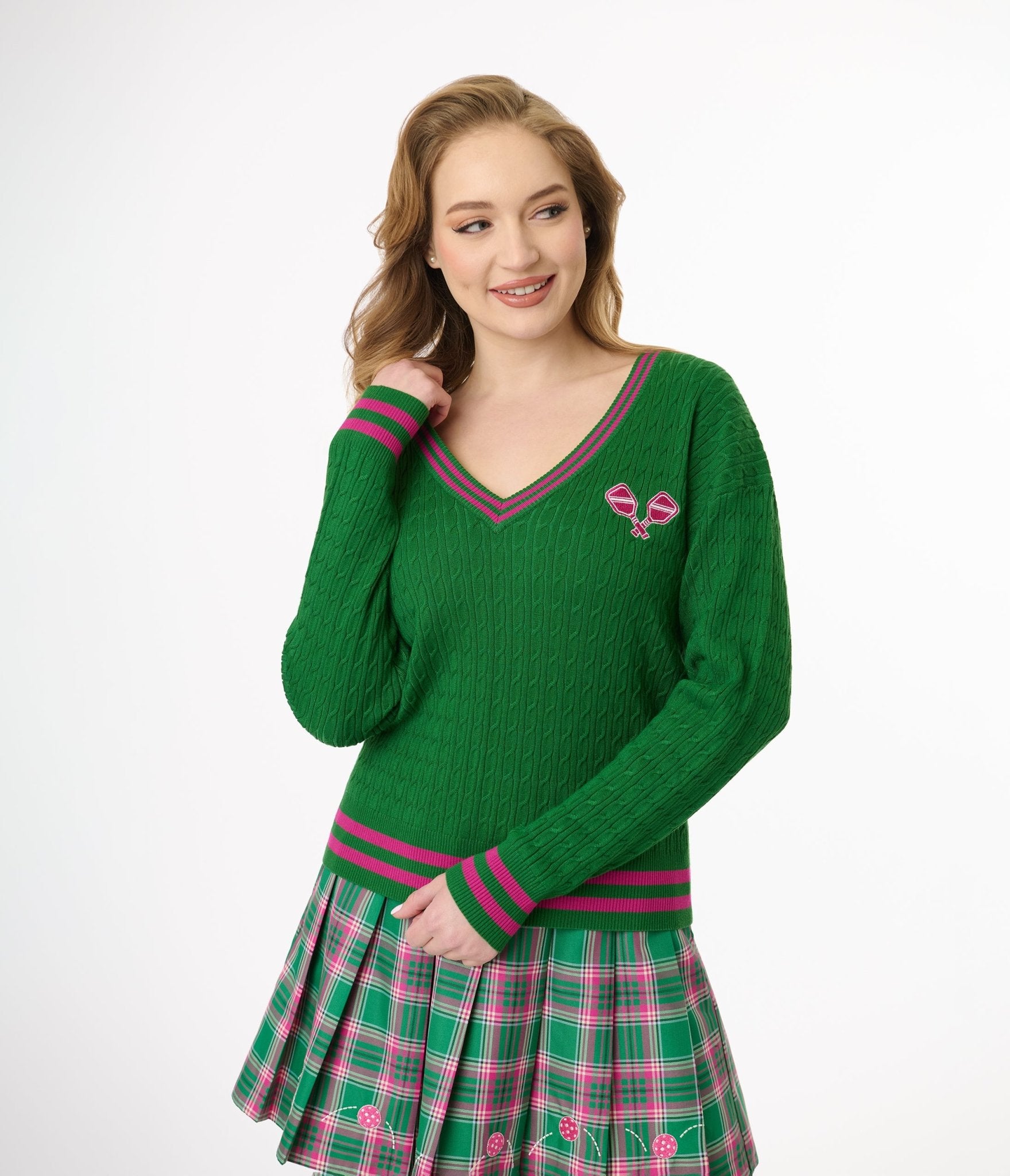 Smak Parlour Women's Pink & Green Pickleball Sweater - Soft Knit Pullover for Pickleball Players & Outdoor Activities