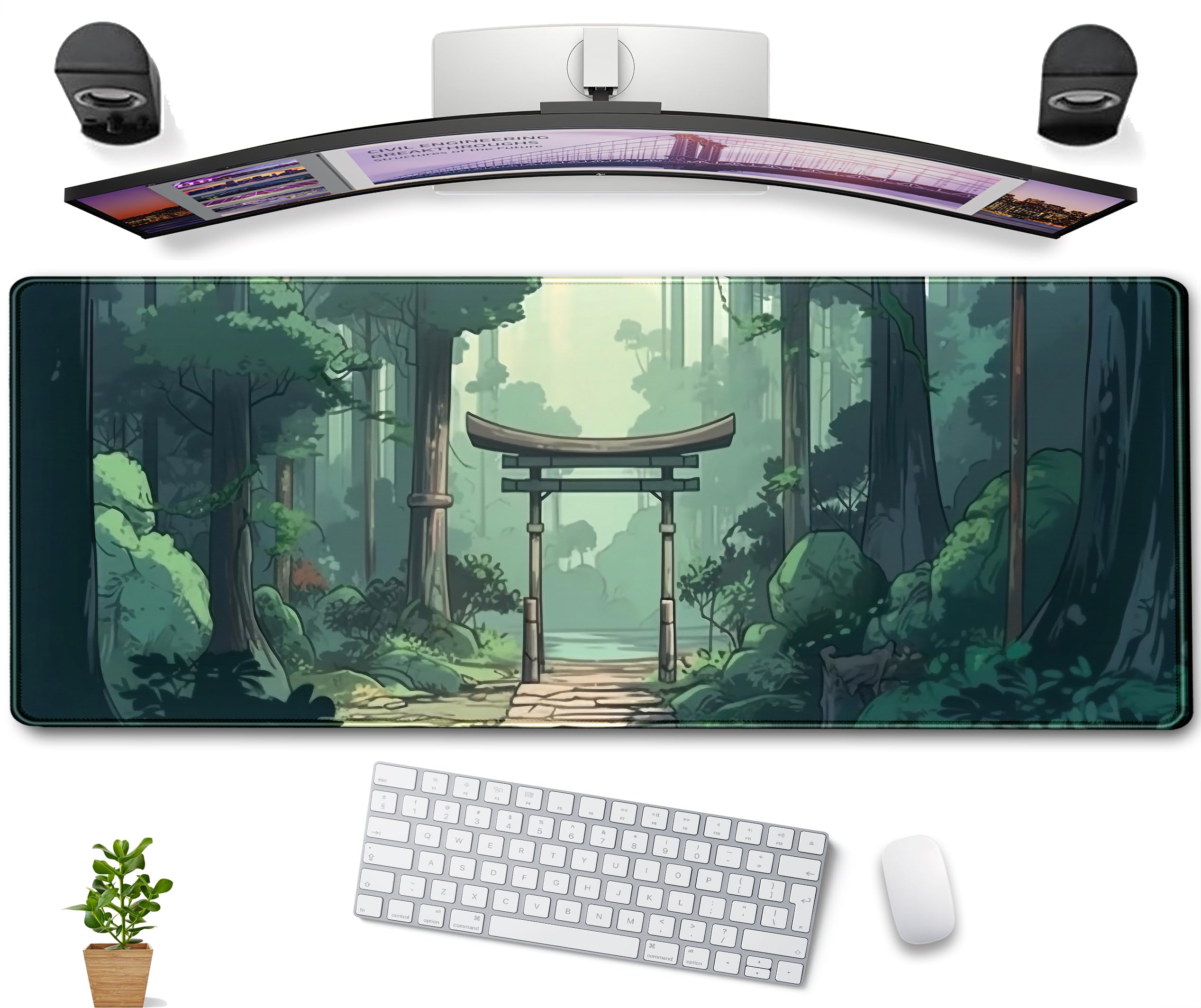 Japanese Green Forest Gaming Mouse Pad - XL Large Anime Tree Woodland Desk Mat for Office & Laptop, Cute Aesthetic Women's Computer Keyboard Mouse Mat with Stitched Edges (31.5''x11.8'') - Perfect for Gaming, Work & Home Office Decor