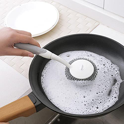 JERN® 3 Pack Long-Handled Scrub Brush - Stainless Steel Wire Grill & Pot Scrubber with Hanging Hole - Heavy Duty Cleaning Brush for Kitchen, Grill, BBQ, Oven & Cookware - Durable Scouring Pads & Utensil Cleaner