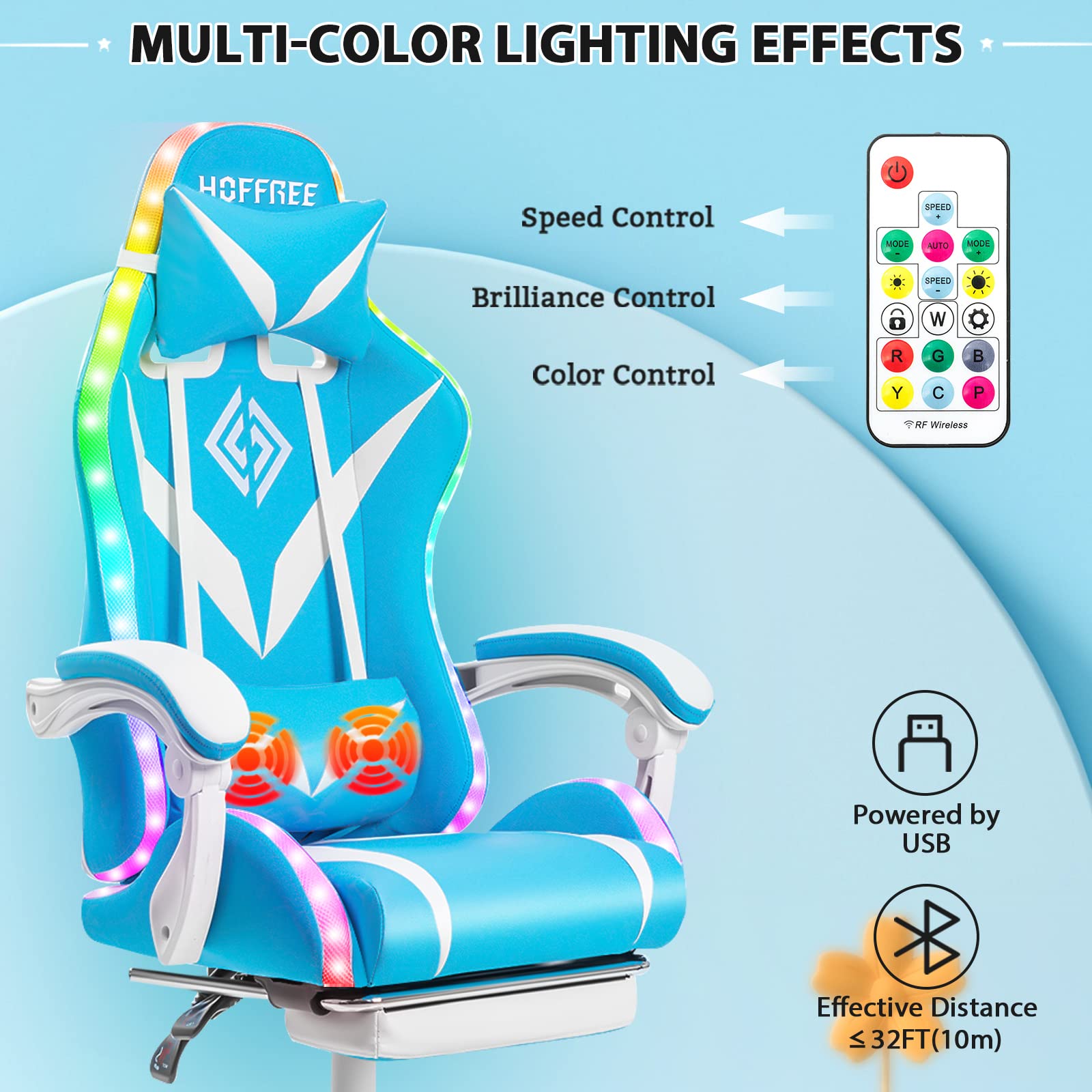 Ergonomic Gaming Chair with LED RGB Lights, Massage & Adjustable Lumbar Support - High Back Computer Chair with Footrest & Linkage Armrest - Light Blue & White for Esports, Streaming & Home Office Use
