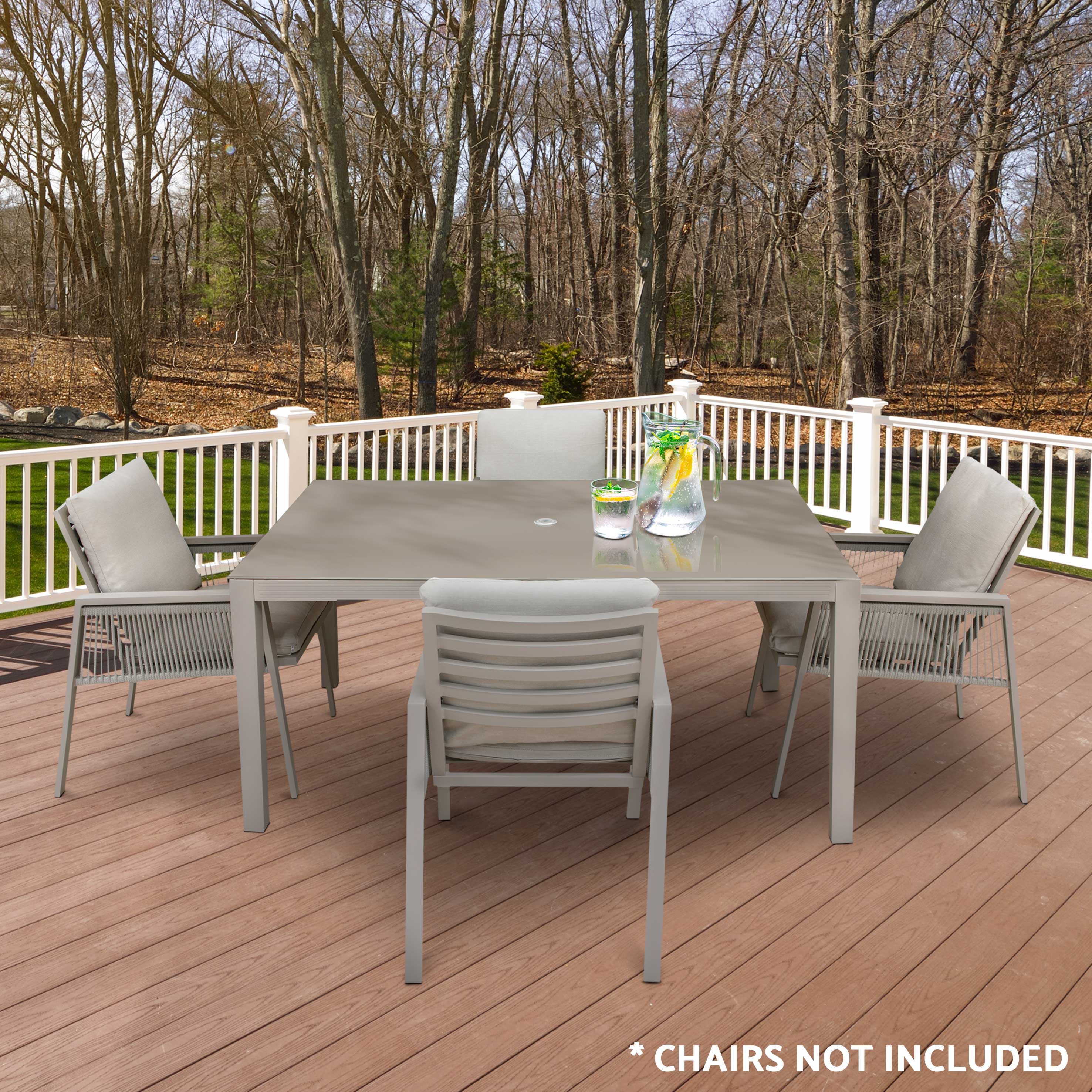 Durable Fusion Aluminum Outdoor Dining Table with Tempered Glass Top & Umbrella Hole - Light Grey (DG51) for Patio, Garden, and Poolside Entertaining