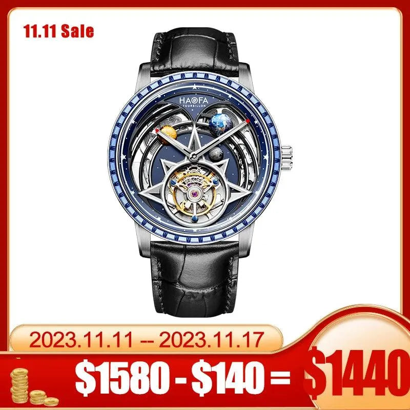 Haofa Men's Automatic Zircon Bezel Flying Tourbillon Watch with Luminous Universe Dial & Double Spring Drive - Luxury Interstellar Design for Business, Formal Events & Collectors (Model 2269)