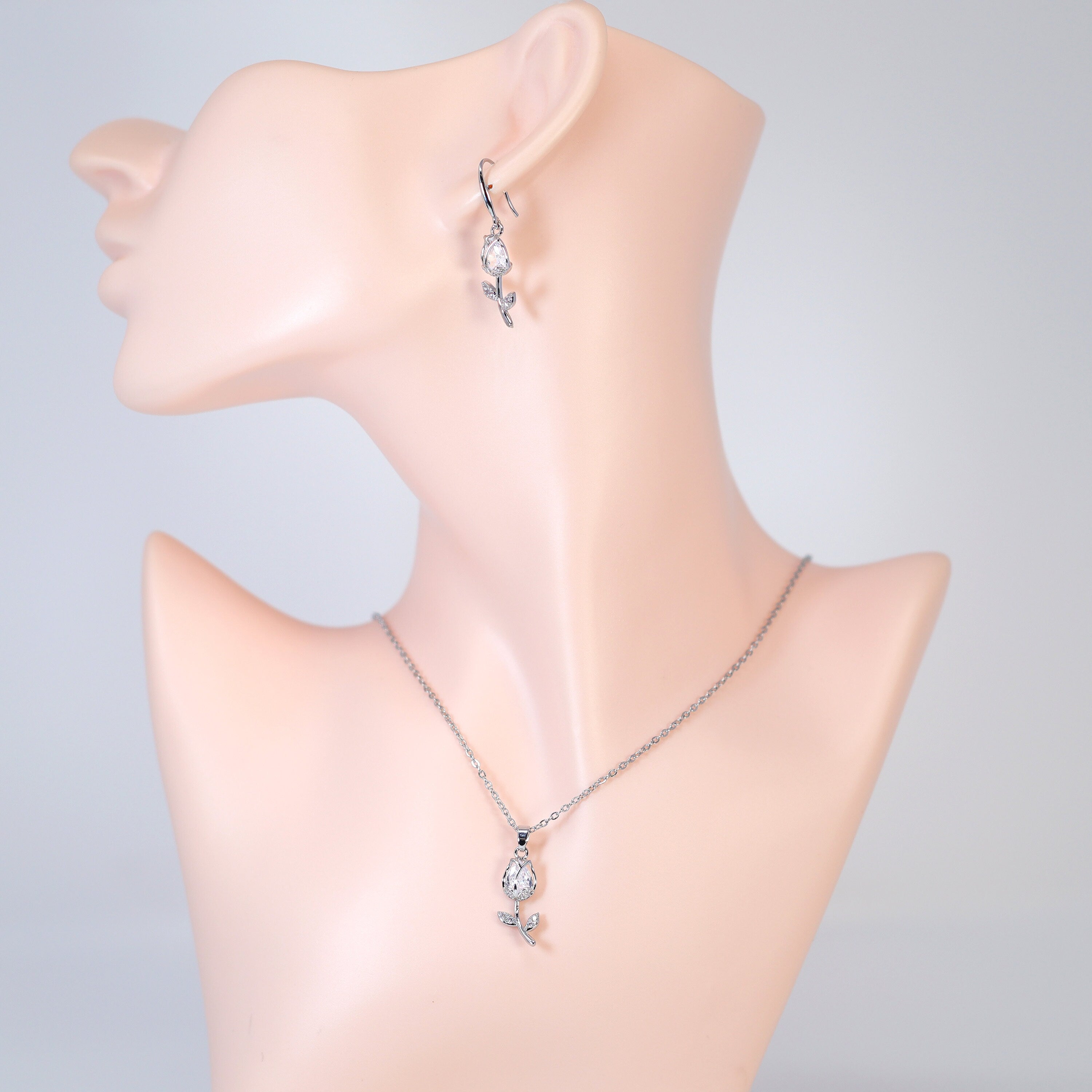 Swarovski Crystal Dainty Rose Drop Necklace - Elegant Bridal Jewelry Set with Matching Earrings | Perfect Valentine's Day Gift for Her | Wedding, Anniversary & Special Occasion Jewelry