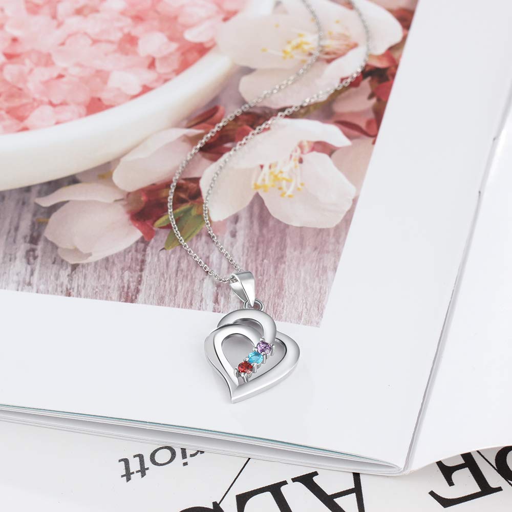 Custom Sterling Silver Mothers Necklace - 3 Birthstones & Engraved Names - Heart Pendant for Family Gifts & Special Occasions