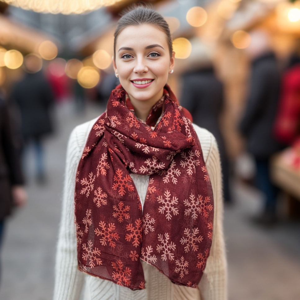 Red Snowflake Scarf and Bracelet Gift Set in a Cracker - Perfect Christmas Present, Holiday Accessories for Women, Winter Fashion Gift Idea