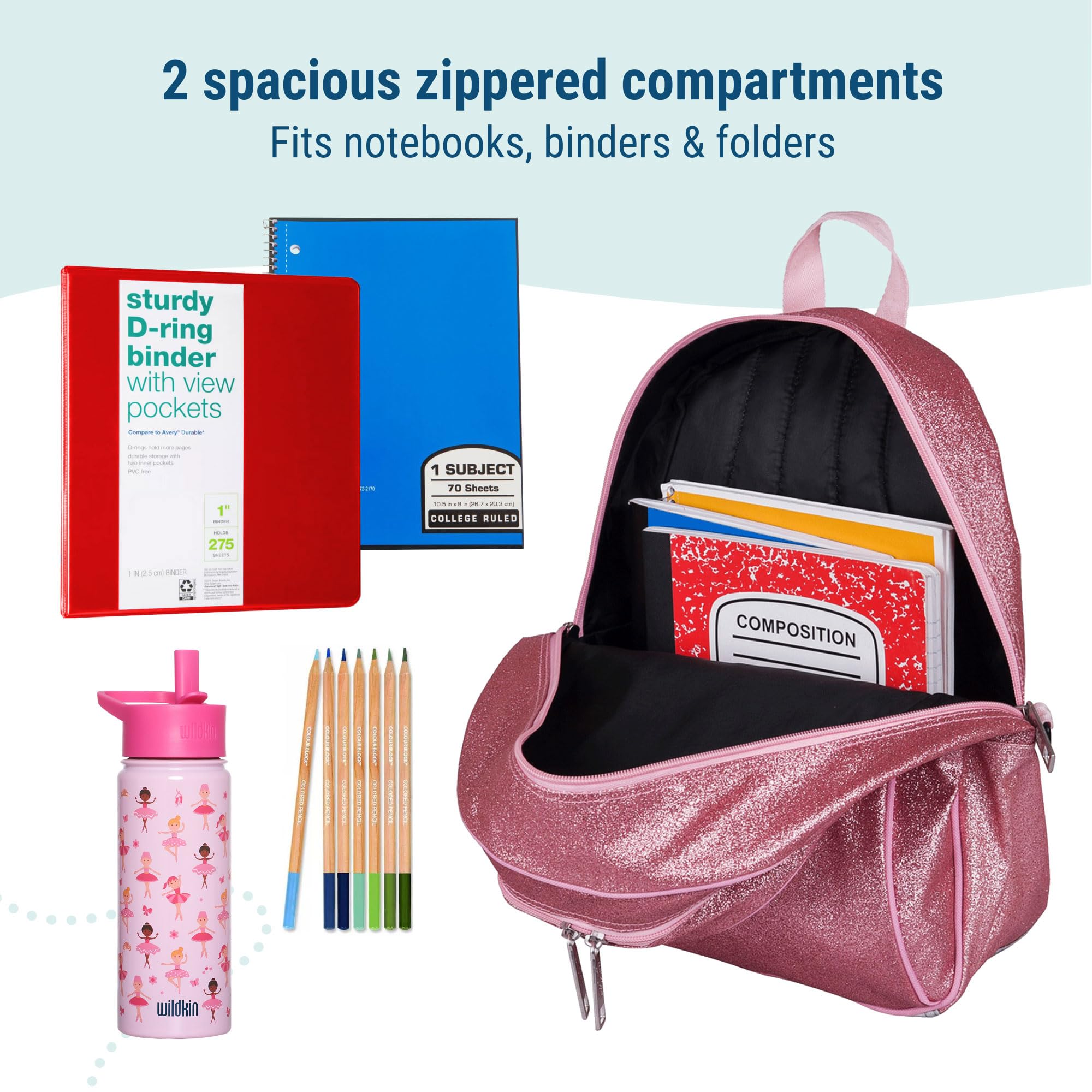 Wildkin 15-inch Kids Backpack for School & Travel - Durable, Padded, Adjustable Shoulder Straps - Pink Glitter Backpack for Girls - Perfect for Elementary Students, Day Trips & Sleepovers