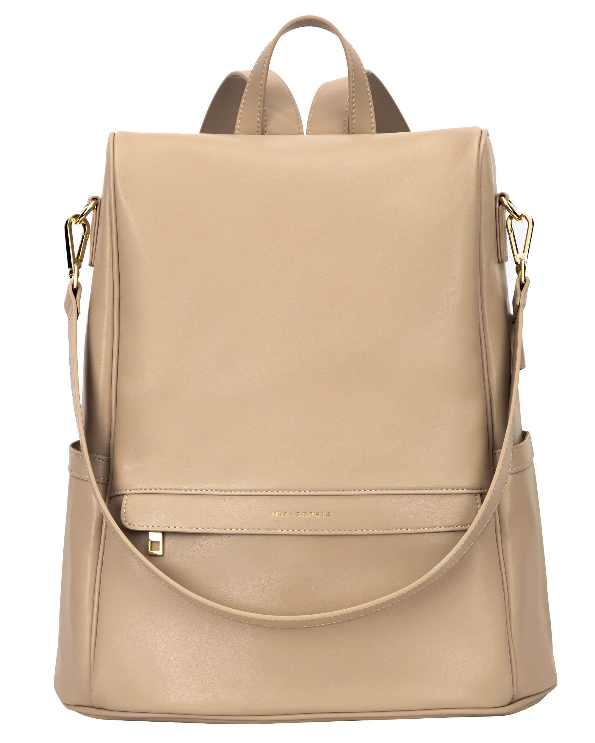 Premium MIA + SOPHIA Leather Diaper Bag Backpack - Waterproof Baby Changing Bag with Insulated Bottle Pockets, Stroller Straps & Detachable Changing Pad (Beige) - Perfect for New Parents, Daycare, Travel & On-the-Go Family Outings