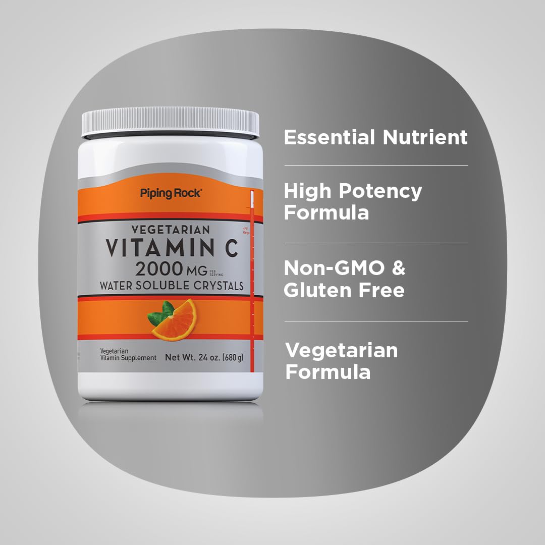Piping Rock Vitamin C Powder 24 oz | 2000mg Ascorbic Acid | Water Soluble Crystals | Vegetarian, Non-GMO, Gluten Free Dietary Supplement | Immune Support & Skin Health | Perfect for Smoothies & Wellness Drinks
