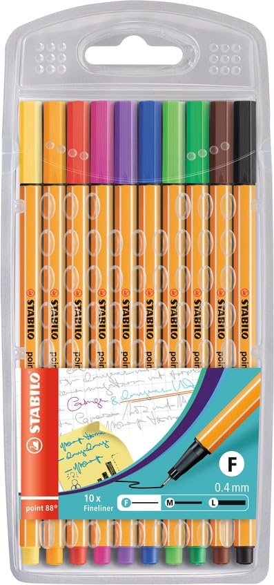 STABILO Fineliner Point 88 Pens - Set of 10 Assorted Colors Fine Tip Markers for Drawing, Note Taking & Bullet Journaling - Perfect for Artists, Students & Office Use