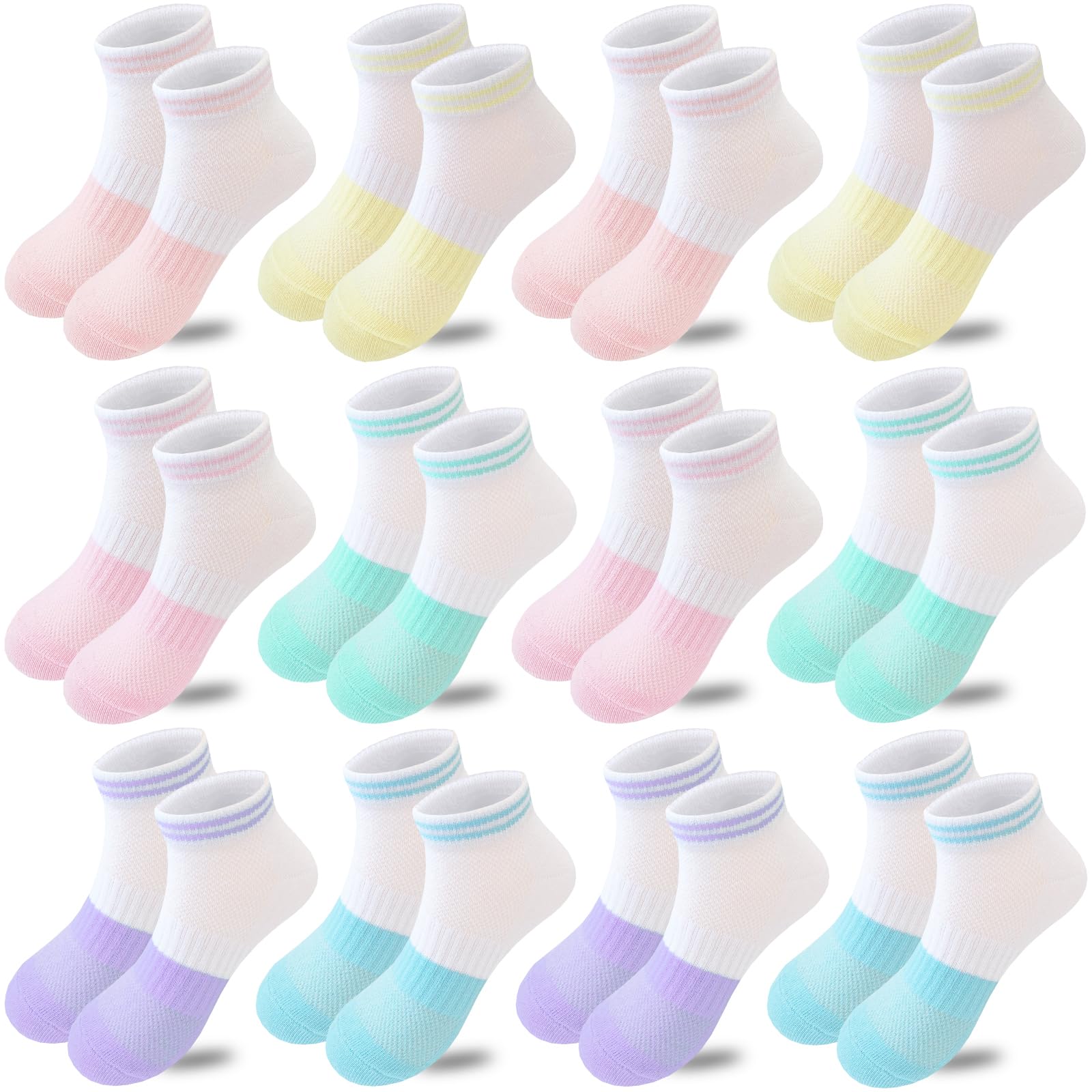 Bemeol 12 Pairs Girls Athletic Ankle Socks - Low Cut Cotton Socks for Kids - Perfect for School, Sports & Daily Wear