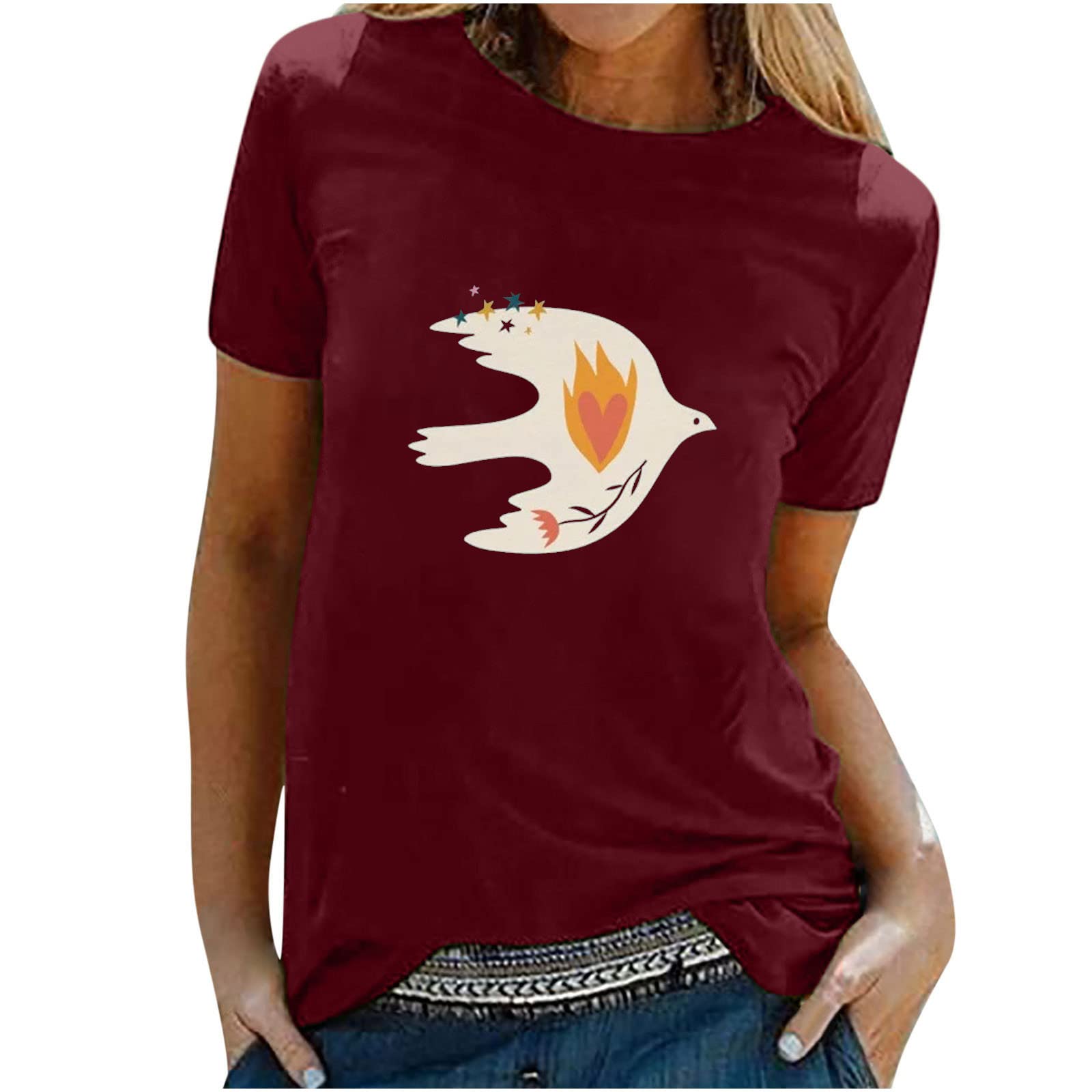Yoeyez Women's Solid Color Summer Tops - Casual White Bird Print Short Sleeve T-Shirt with Loose Crew Neck | Comfortable & Breathable Tee for Daily Wear, Weekend Outings & Summer Vacation