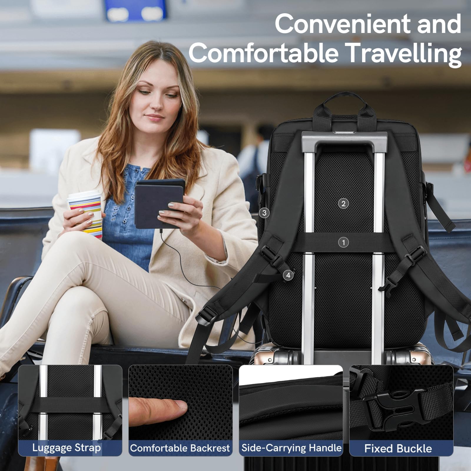VGOAL 26-44L Expandable Travel Laptop Backpack for 17.3 Inch Laptop - Water-Resistant Business Rucksack with USB Charging Port - Perfect for Airplane Carry-On, Weekender Trips & Daily Commute (Black)