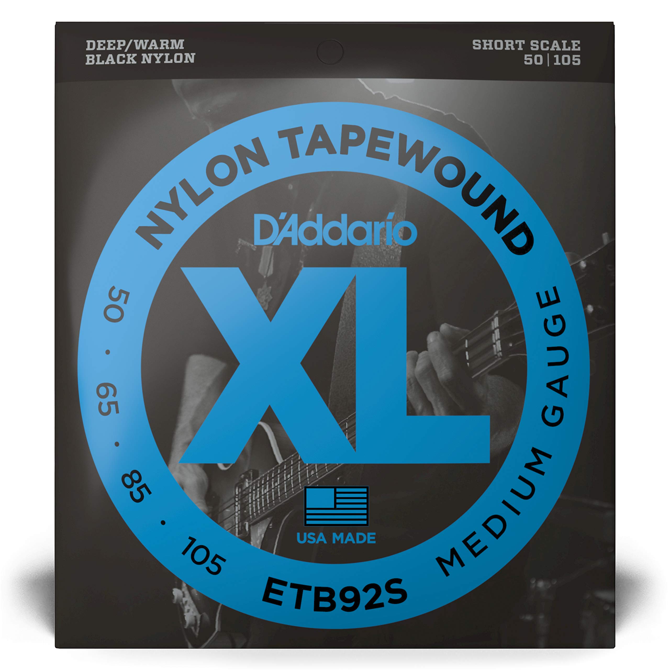 D'Addario ETB92S Tapewound Black Nylon Bass Guitar Strings - Short Scale, Medium Gauge 50-105, 4-String Set (Pack of 1) - Perfect for Jazz, Blues & Studio Recording