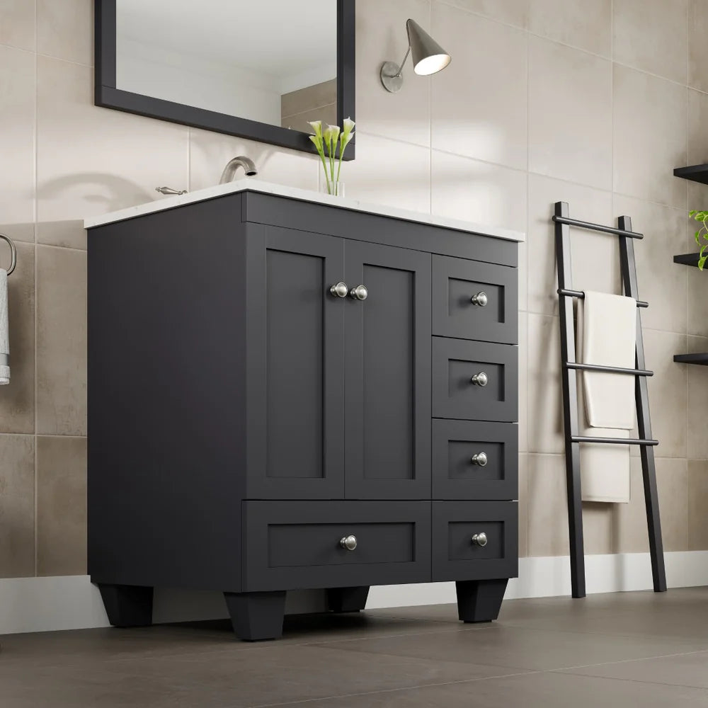 Eviva Acclaim 30 Inch Bathroom Vanity with Carrara Quartz Countertop - Modern White Bathroom Sink Cabinet for Small Spaces, Perfect for Powder Rooms and Guest Bathrooms