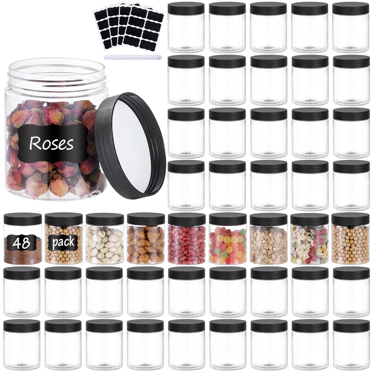 48PCS 8OZ Plastic Jars with Screw-On Lids - Refillable Empty Round Containers for Slime, Cosmetics, Dry Food, Honey Jam, Cream & Lotion - Includes Pen & Labels - Perfect for DIY Crafts, Storage & Organization