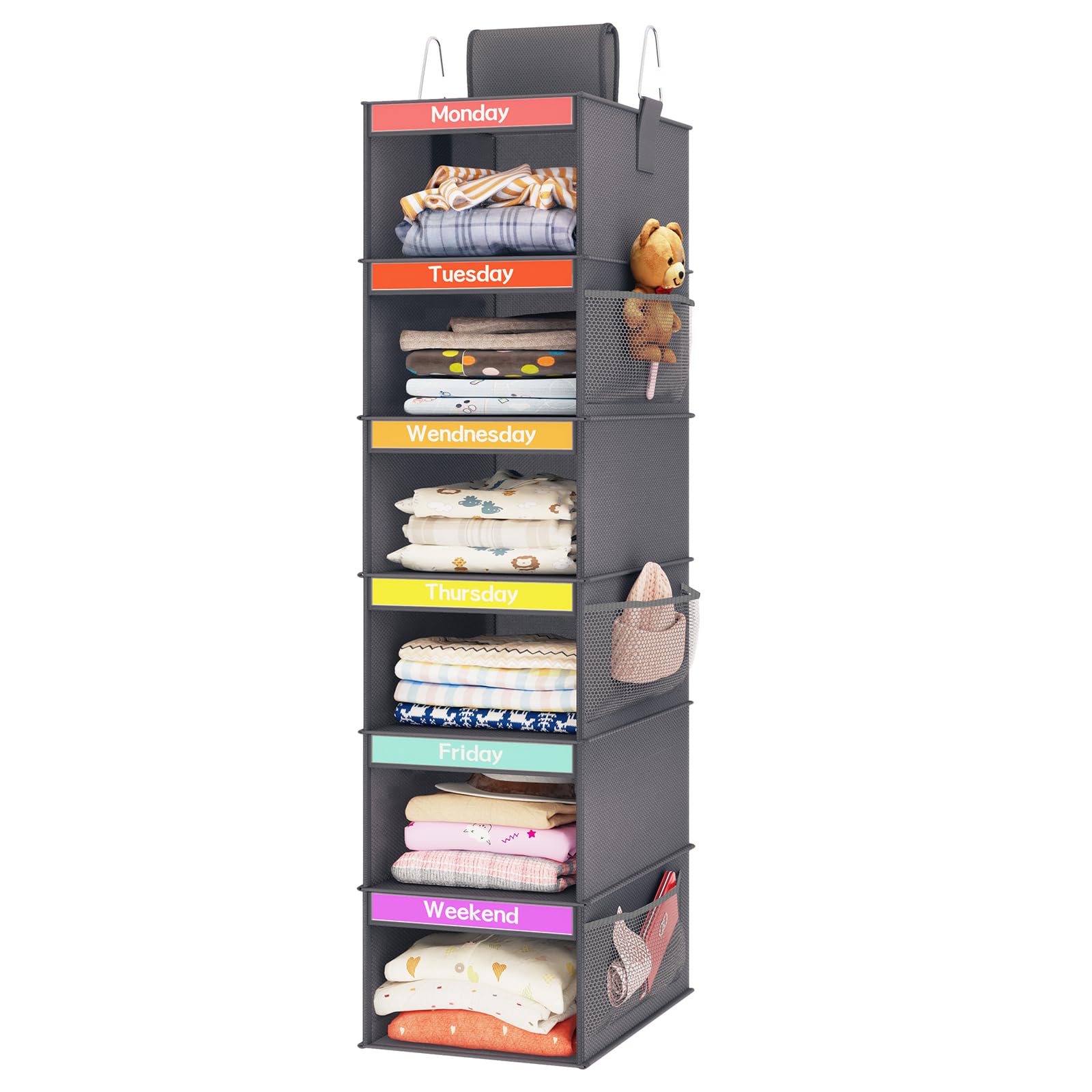 Fixwal 6-Shelf Weekly Clothes Organizer for Kids - Hanging Closet Organizer with 6 Side Pockets - Days of The Week Storage Shelves for Toddler & Children (Dark Grey) - Perfect for Bedroom, Nursery & Daycare Organization