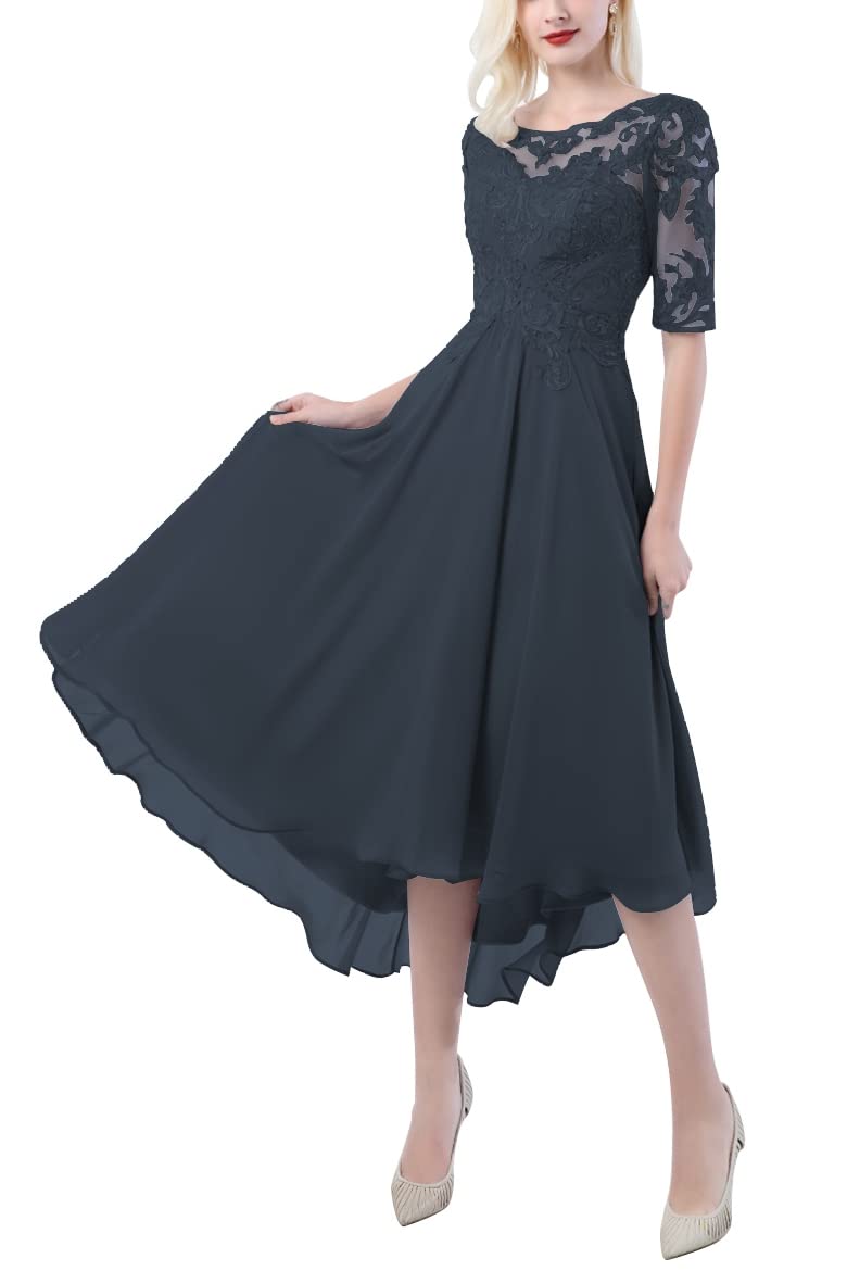 Elegant Navy Blue A-Line High-Low Mother of the Bride Dress with Lace Applique - Wedding Guest Party Gown for Special Occasions & Formal Events