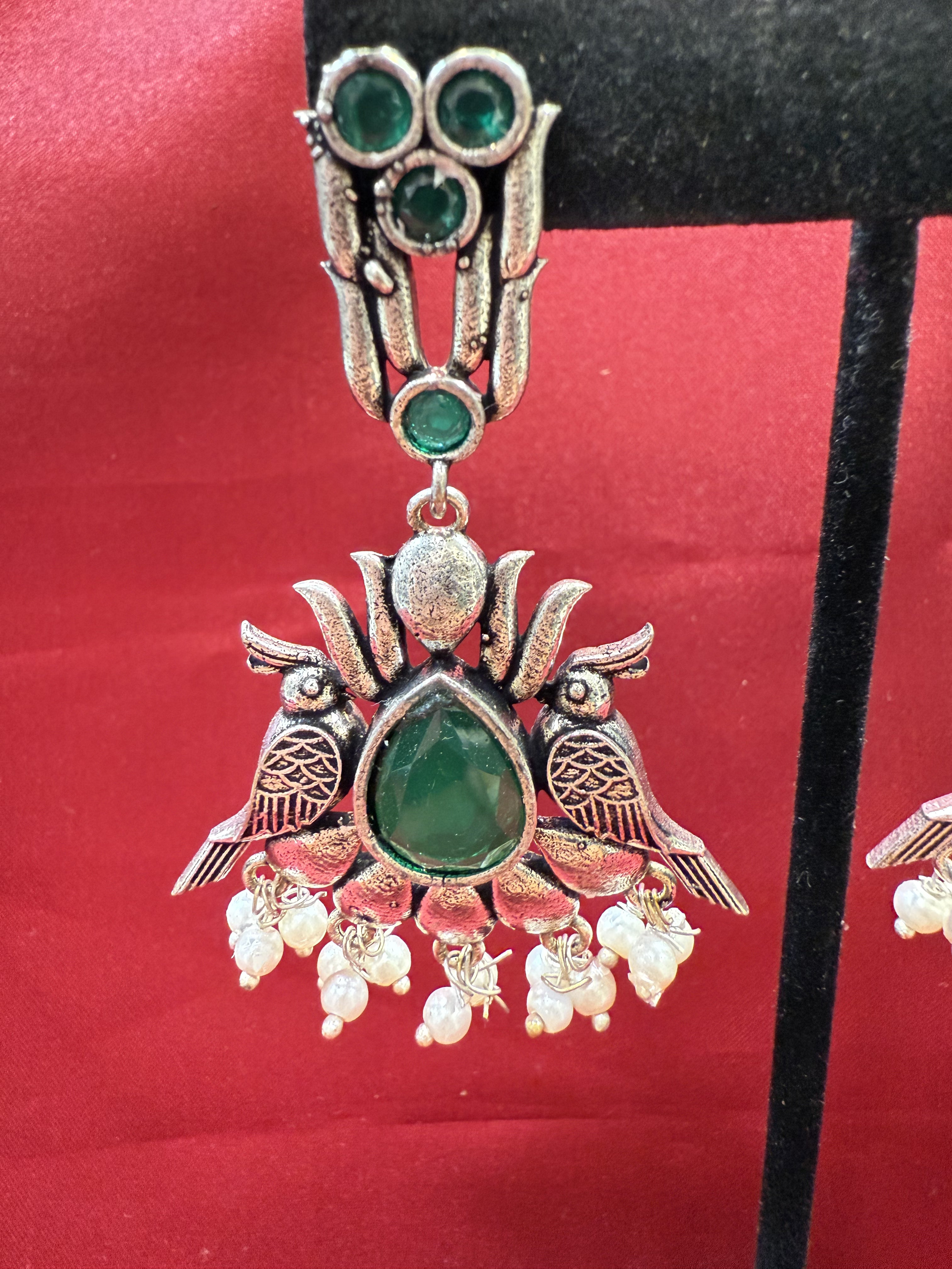 Elegant Dark Green Stone Bird Design Oxidized Beaded Earrings for Women - Boho Chic Jewelry Gift for Party, Wedding & Everyday Wear