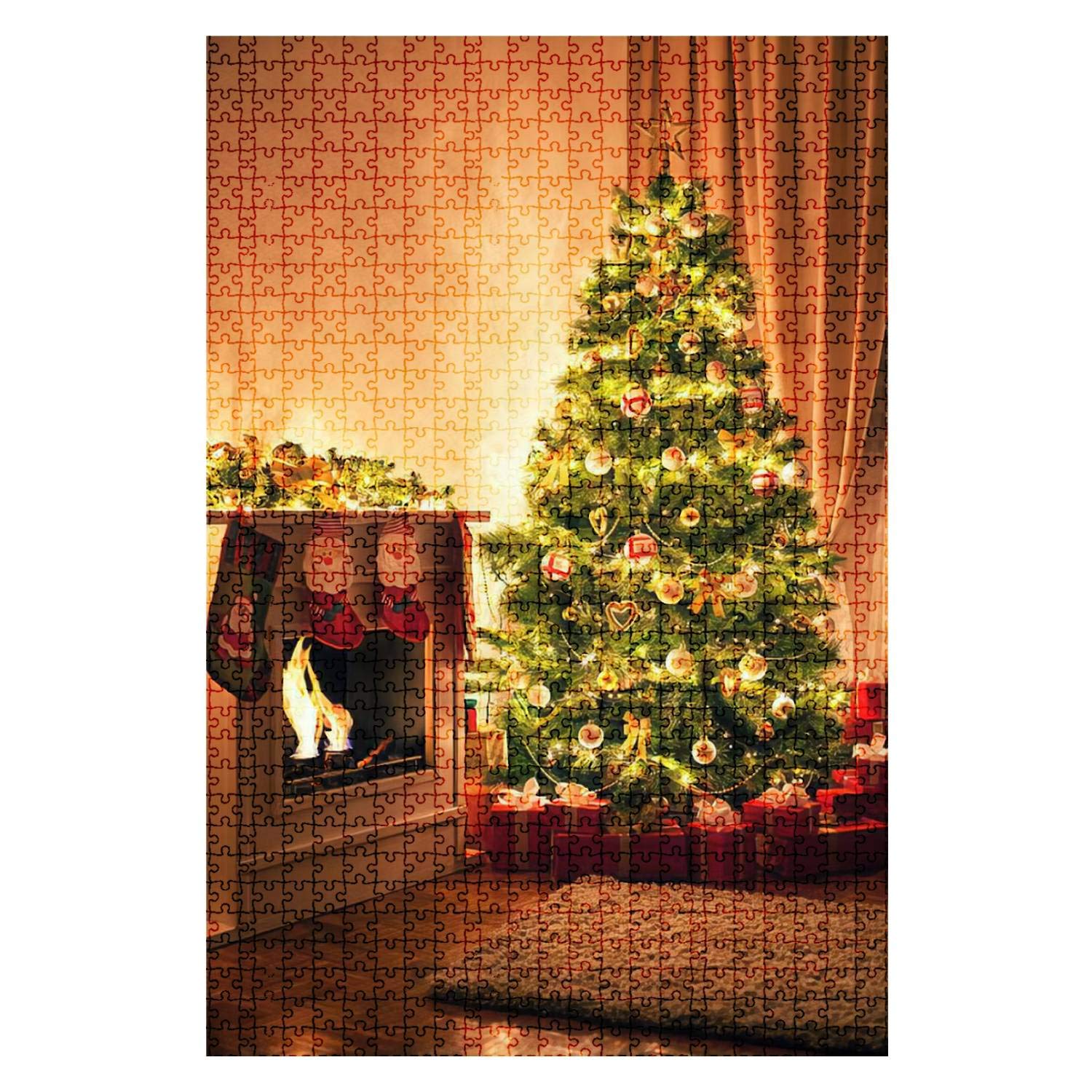 1000-Piece Wooden Jigsaw Puzzle - Christmas Tree by Fireplace Scene - Challenging DIY Puzzle for Adults & Kids - Perfect for Family Game Night & Holiday Decor