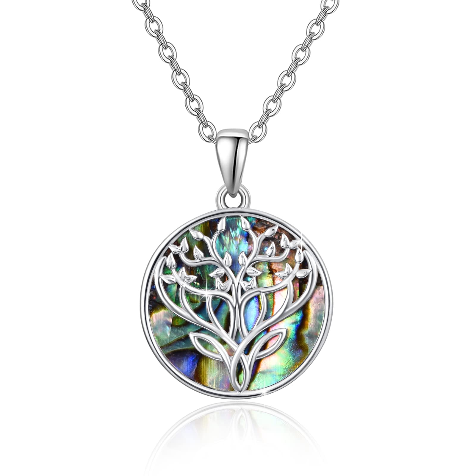 TUGHRA Tree of Life Necklace for Women - 925 Sterling Silver Pendant with Deer Antler & Abalone Shell - 18