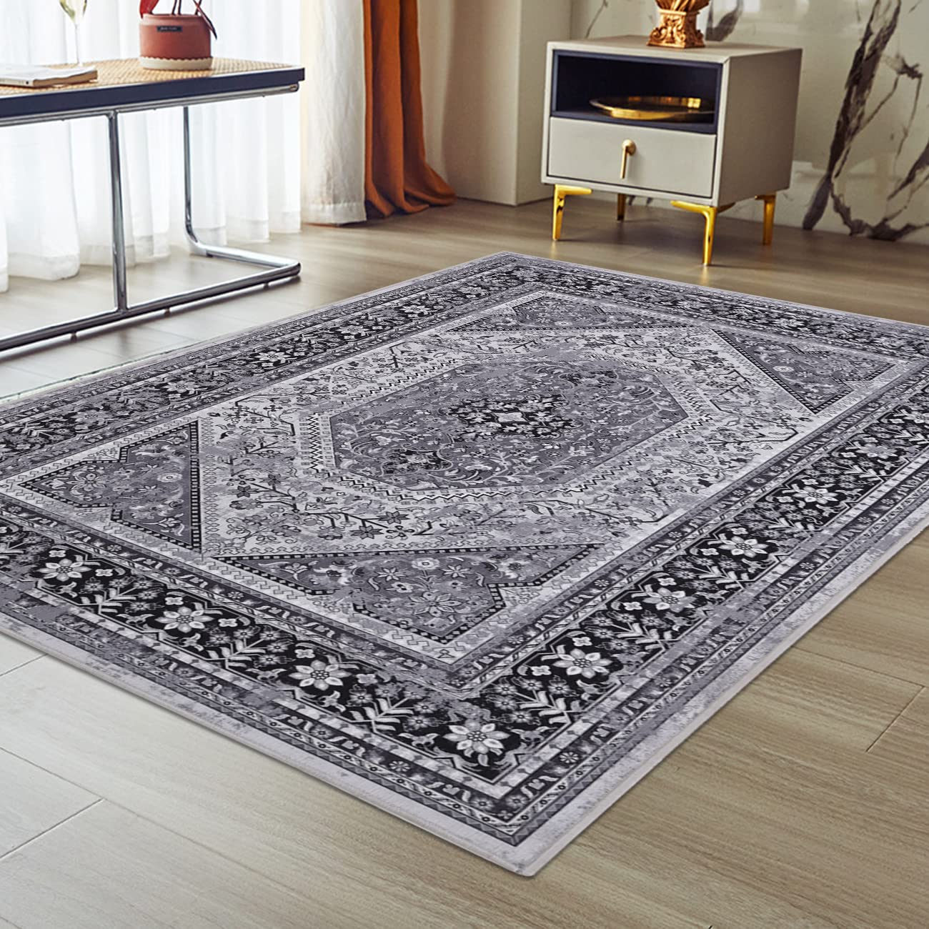 Vintage Bohemian Area Rug - Non-Slip Traditional Oriental Distressed Floral Medallion Accent Rug | Perfect for Entryway, Bedroom, Bathroom & Kitchen Decor | Grey 4'x6' | Boho Chic Home Decor & Cozy Floor Covering