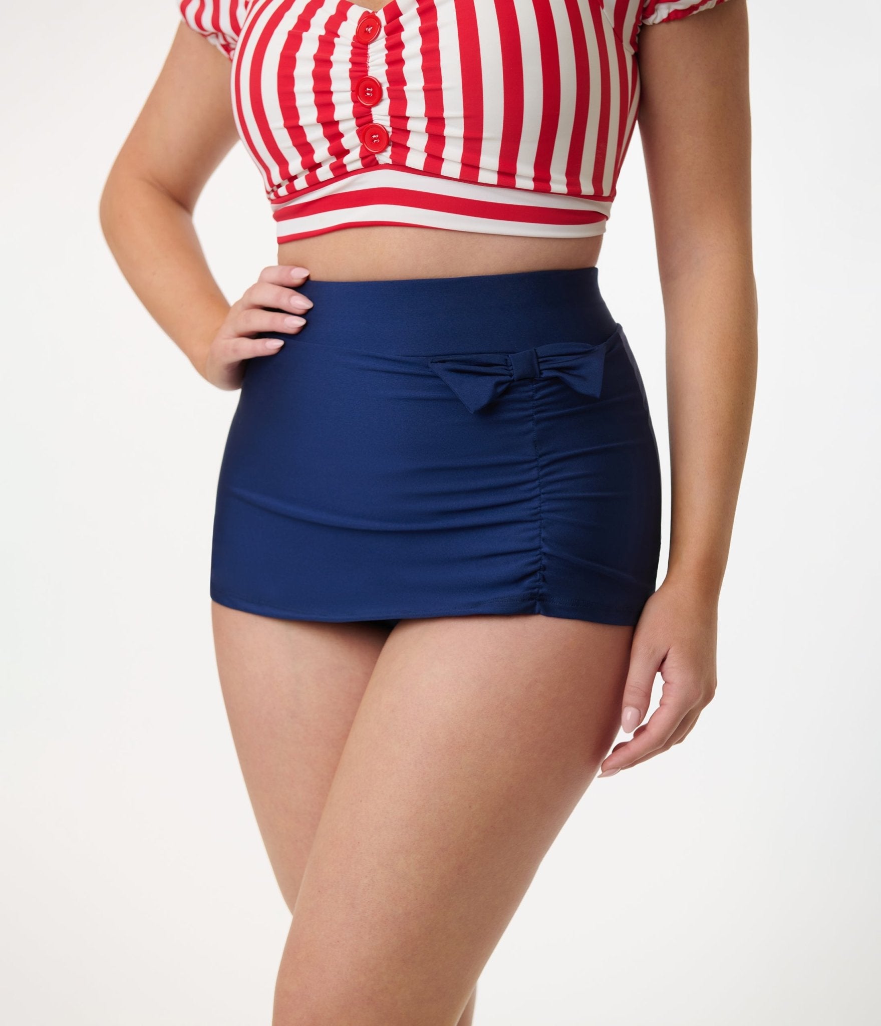 Pinky Pinups Navy Blue High Waist Swim Skirt with Bow - Retro Style Bathing Suit Cover Up for Women, Perfect for Beach, Pool, Vacation and Water Sports