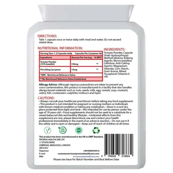 Lycopene 10% Beadlet 15mg 90 Capsules - UK Made GMP Certified Vegan & Vegetarian Supplement for Heart Health & Skin Protection
