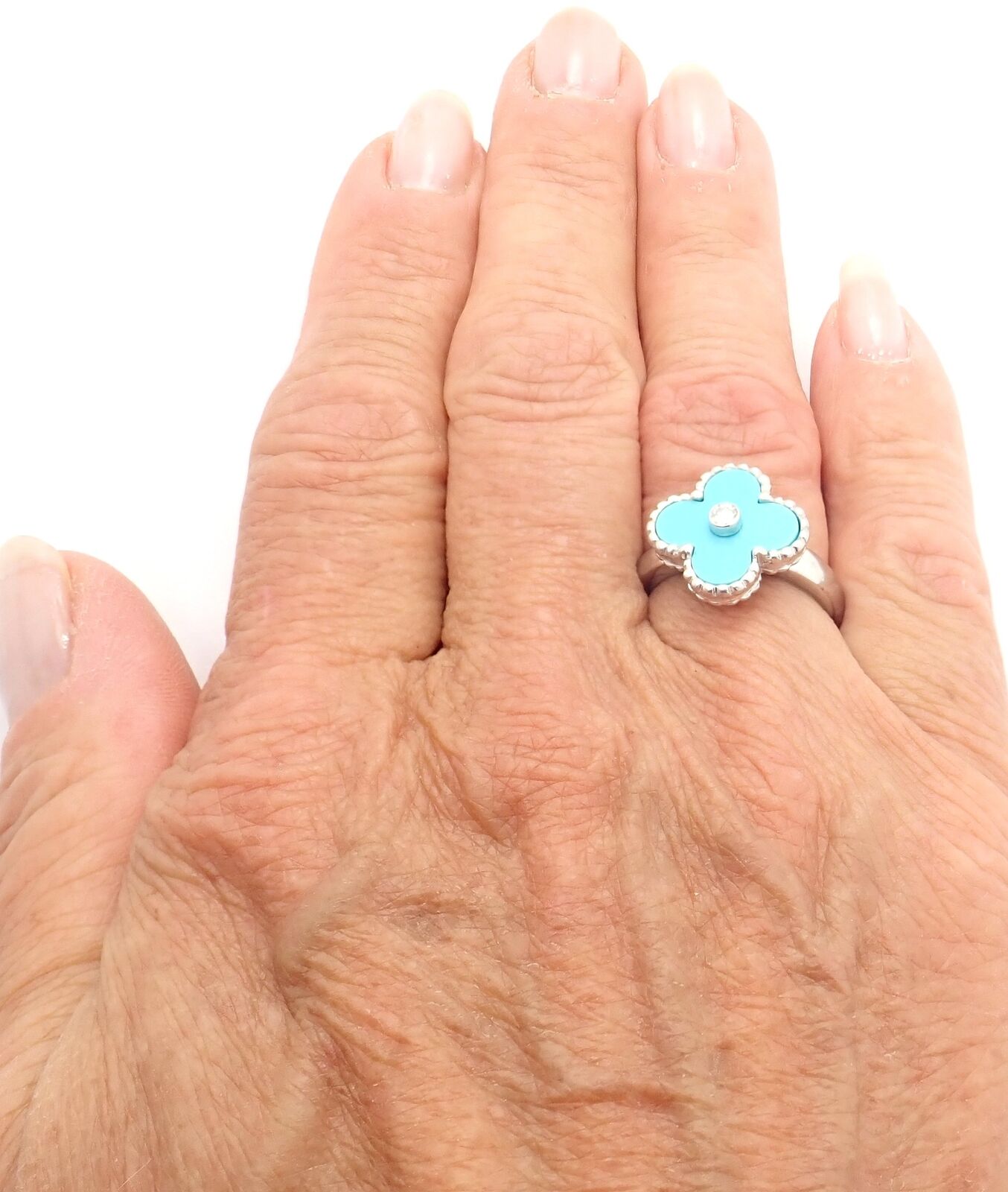 Authentic Van Cleef & Arpels Alhambra 18k White Gold Diamond Turquoise Ring - Luxury Jewelry for Weddings, Anniversaries & Special Occasions