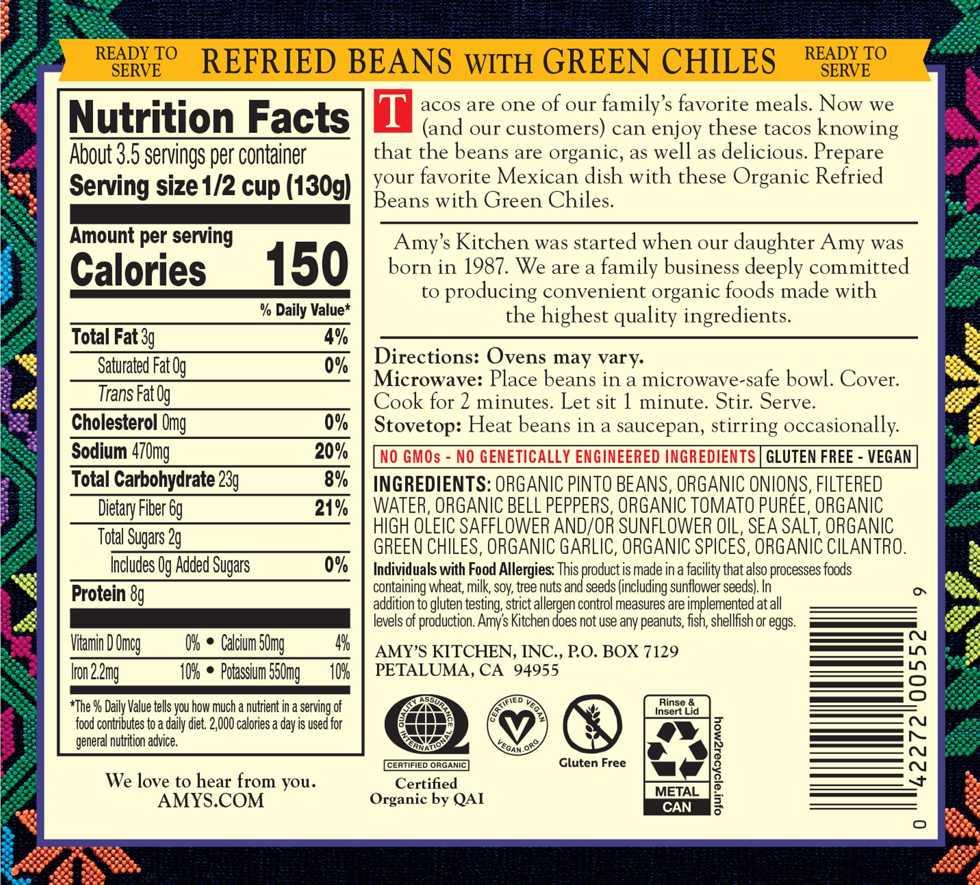 Amy's Organic Refried Beans with Green Chiles - Vegan, Gluten Free, Vegetarian Canned Beans, 15.4 Oz (Pack of 12) | Perfect for Tacos, Burritos & Healthy Mexican Meals