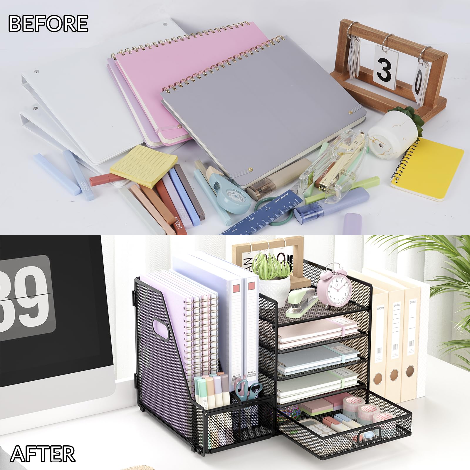 EOOUT 5-Tier Desk File Organizer with Magazine Holder & Drawer - Black Office Desk Accessories Set for Paper, Files, and Supplies - Perfect for Home Office, Workspace, and School Organization