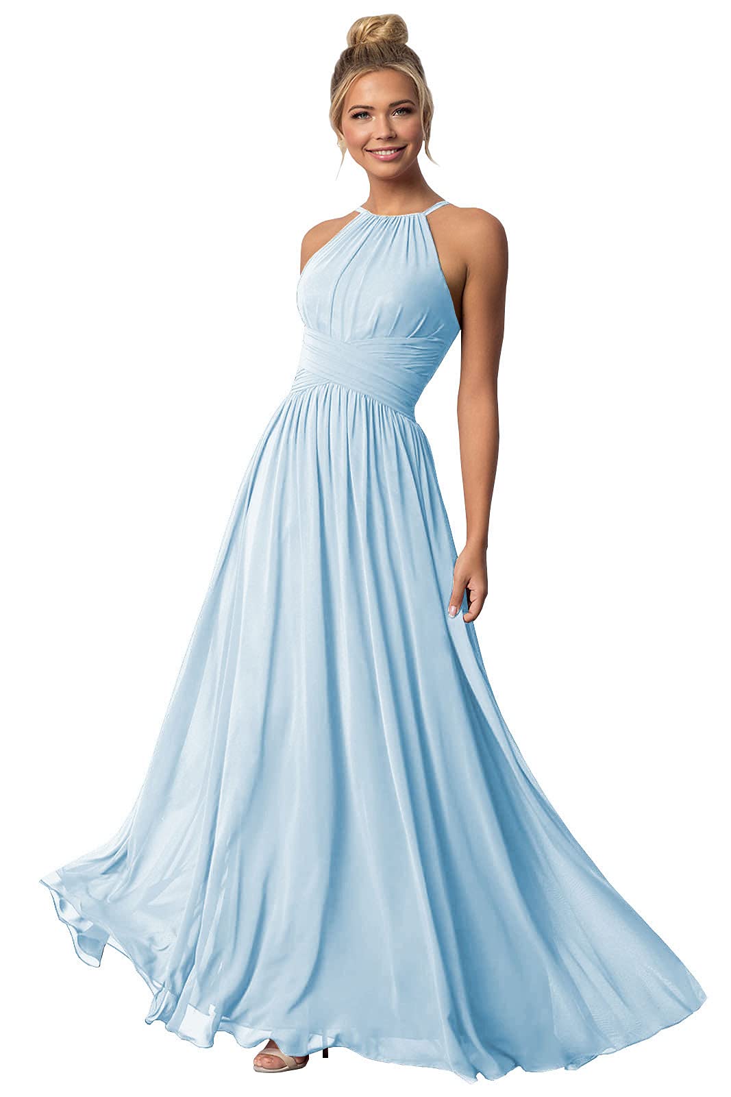 Elegant Long Ruched Bridesmaid Dress for Women - Halter Neck Chiffon Formal Evening Gown - Perfect for Weddings, Proms & Special Occasions