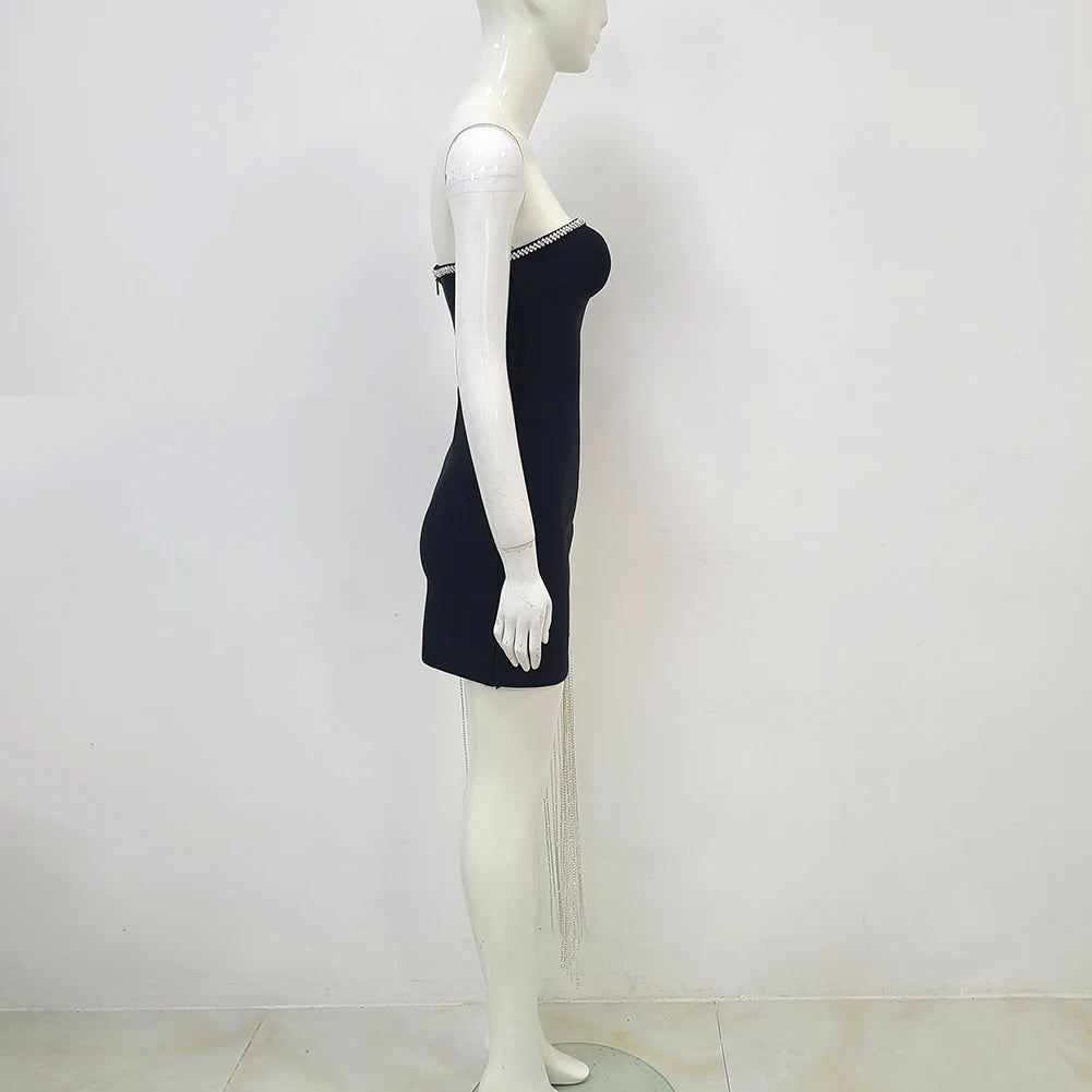 2023 Sexy Black Off Shoulder Bodycon Mini Dress for Women with Diamond Chain - Nightclub Party, Date Night, Cocktail Dress, Clubwear, Evening Outfit
