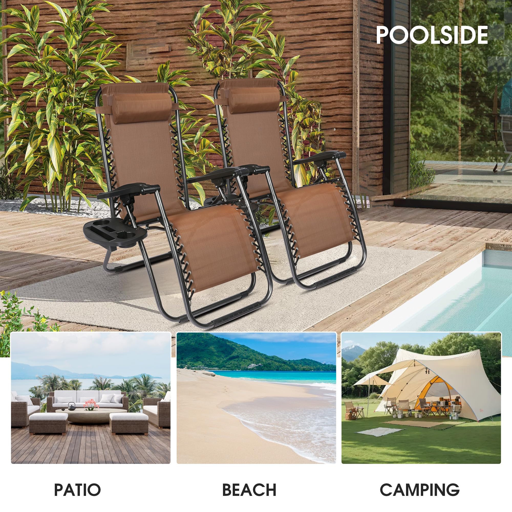 LUCKYERMORE Adjustable Textilene Zero Gravity Chairs Set of 2 - 300LB Capacity Outdoor Folding Recliners with Pillow, Portable Patio Lounge Chairs for Poolside, Beach, Backyard & Garden Relaxation (Brown) - Perfect for Sunbathing, Reading and Outdoor Napping