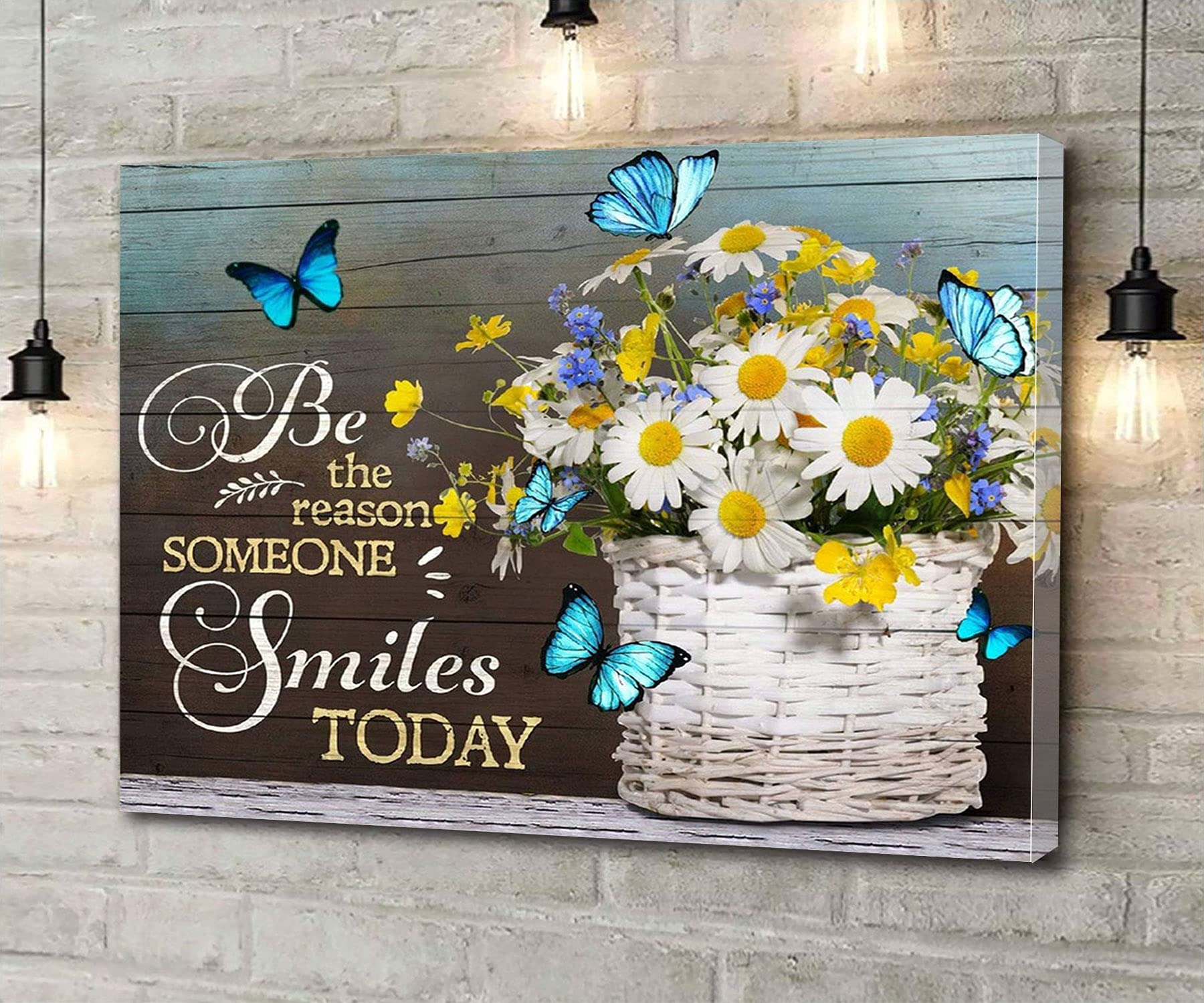 Be the Reason Someone Smiles Today - Framed Butterfly & Sunflower Canvas Wall Art 16x24 Inches, Home Decor for Living Room, Bedroom, Bathroom & Office - Perfect for Housewarming Gifts & Interior Design