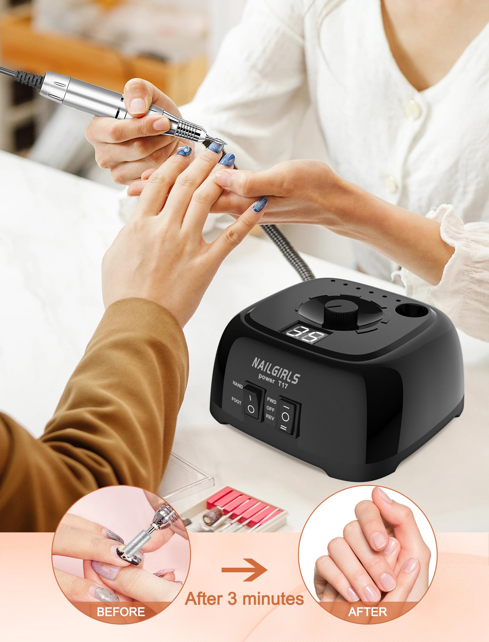 NAILGIRLS 35000RPM Professional Nail Drill Machine with LED Speed Display - Electric Nail File Kit for Acrylic & Gel Nails, Polishing & Shaping (Black) | Perfect for Salon & Home Manicure/Pedicure
