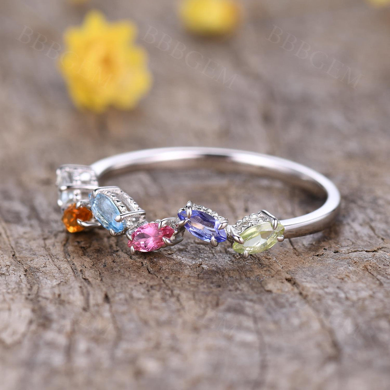 14K White Gold Rainbow Birthstone Stackable Ring - Multi Color Gemstone Band for Mom, Family, Gift | Perfect for Birthdays, Anniversaries, Mother's Day & Everyday Wear