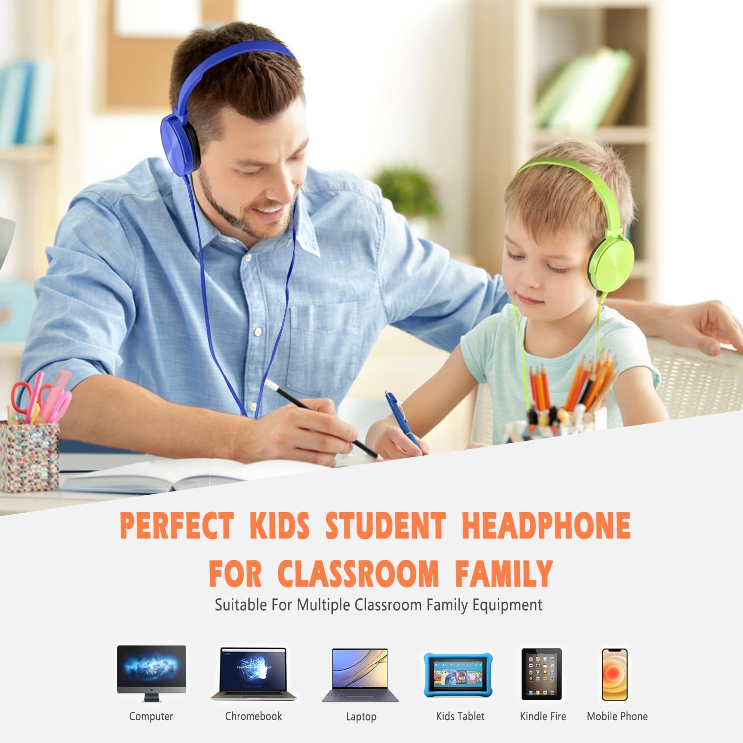 2 Pack Kids Headphones for School & Online Learning - Durable Wired Headset with Noise Isolating Stereo Sound, 3.5mm Jack for Chromebook, Computer, Laptop (Dark Blue + Green) - Perfect for Classroom, Homeschooling & Remote Learning