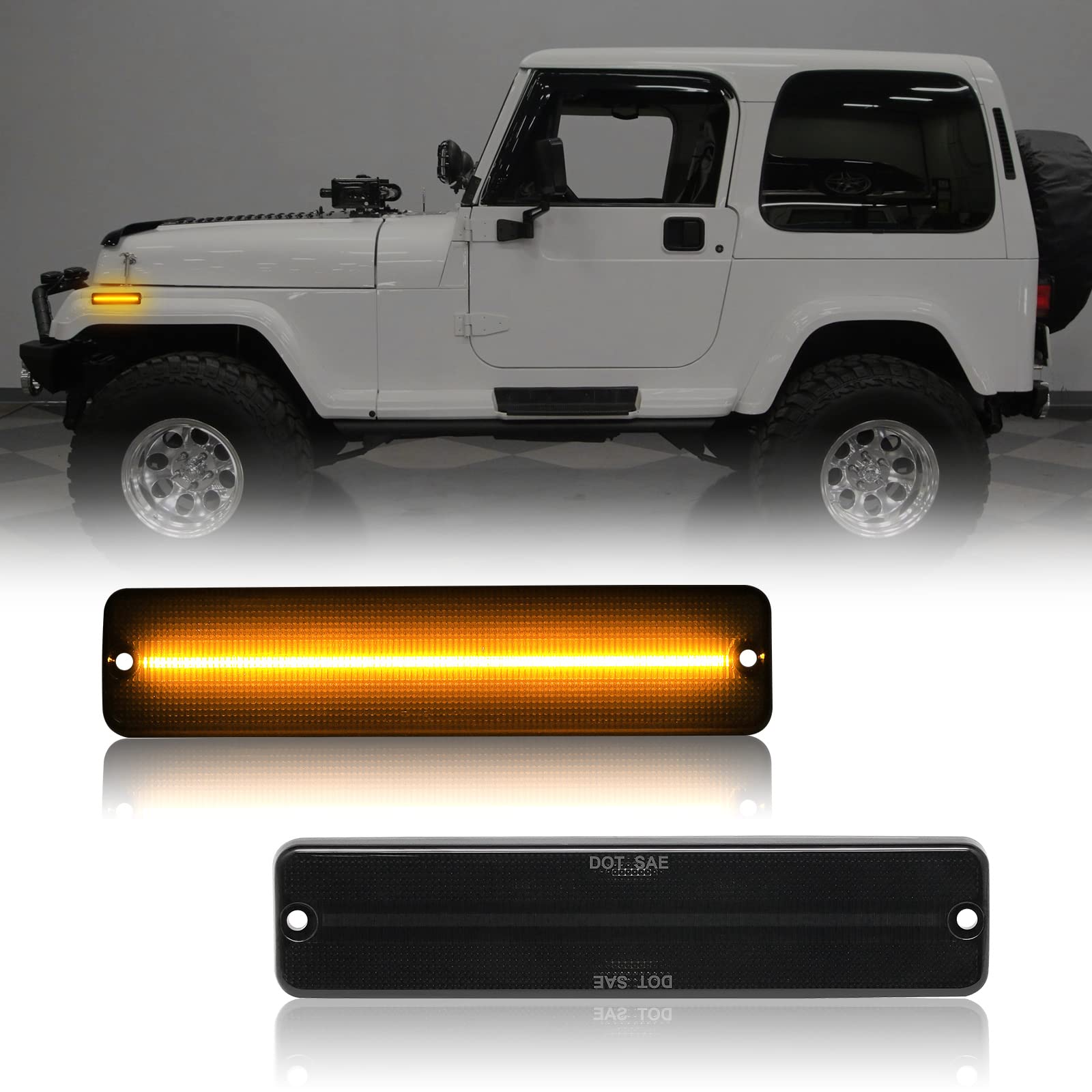 LED Side Marker Lights Replacement for Jeep Wrangler YJ 1987-1995 - Amber Yellow Front Fender Bumper Marker Lamps Assembly (Smoked Lens) - OE Style 56001424 - Perfect for Off-Roading & Night Driving Safety