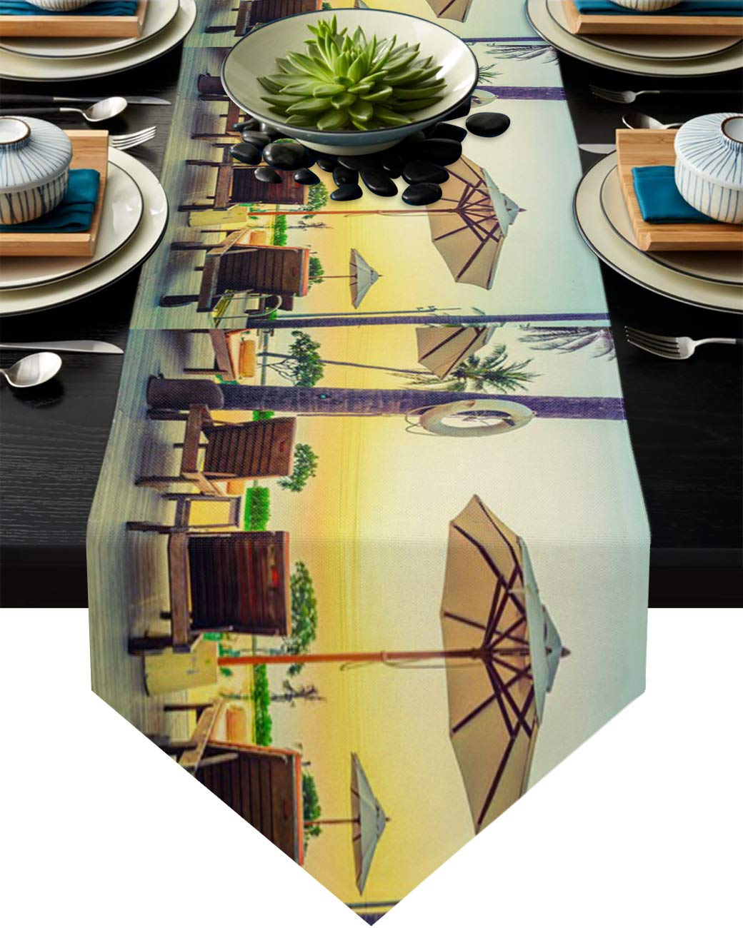 COLORSUM Vintage Linen Burlap Table Runner - 13x90 Inch Farmhouse Decor for Dining Table, Dresser, Wedding & Party - Beach Umbrella & Deck Chair Twilight Scene Home Decoration