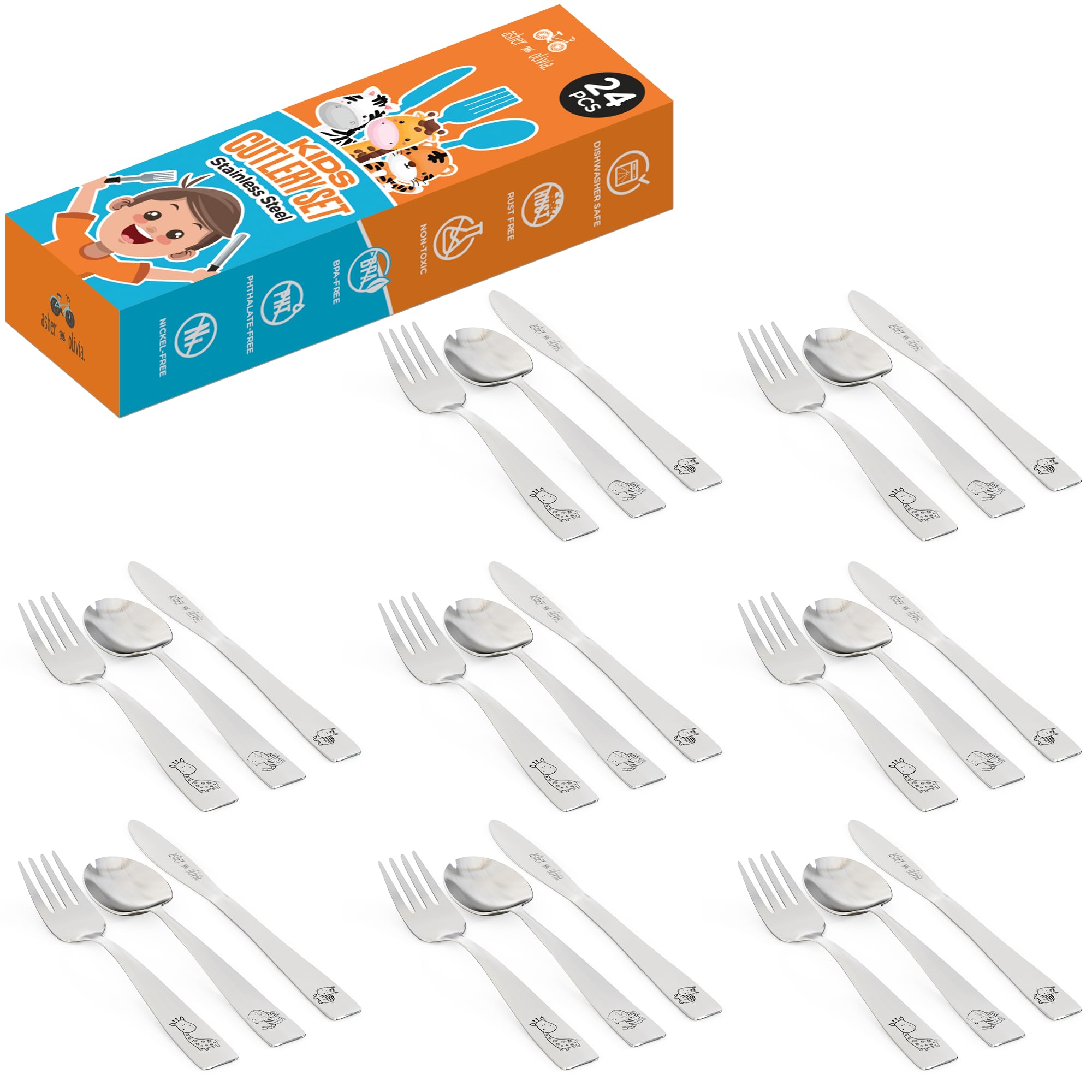 24-Piece Kids and Toddler Silverware Set - Stainless Steel Forks, Spoons & Kid-Safe Knives for Babies, Preschoolers & Children | Durable Metal Flatware for Home, School Lunch & Travel