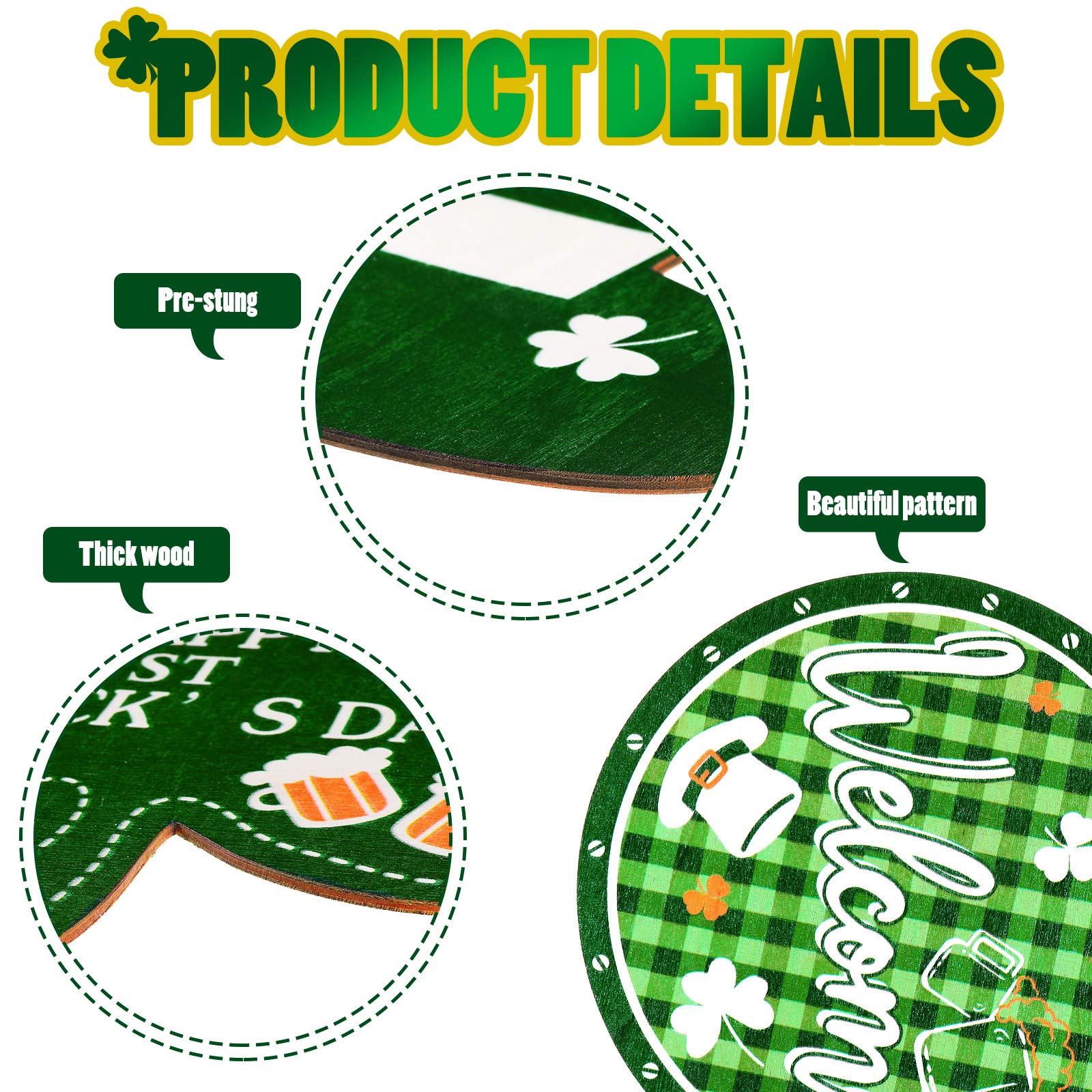 Jetec 3-Piece St. Patrick's Day Wooden Shamrock Wreath Set - Irish Front Door Hanging Decor, Green Welcome Sign for Home Wall & Door - Perfect for Irish-Themed Parties, Pub Decorations & Spring Festival Celebrations