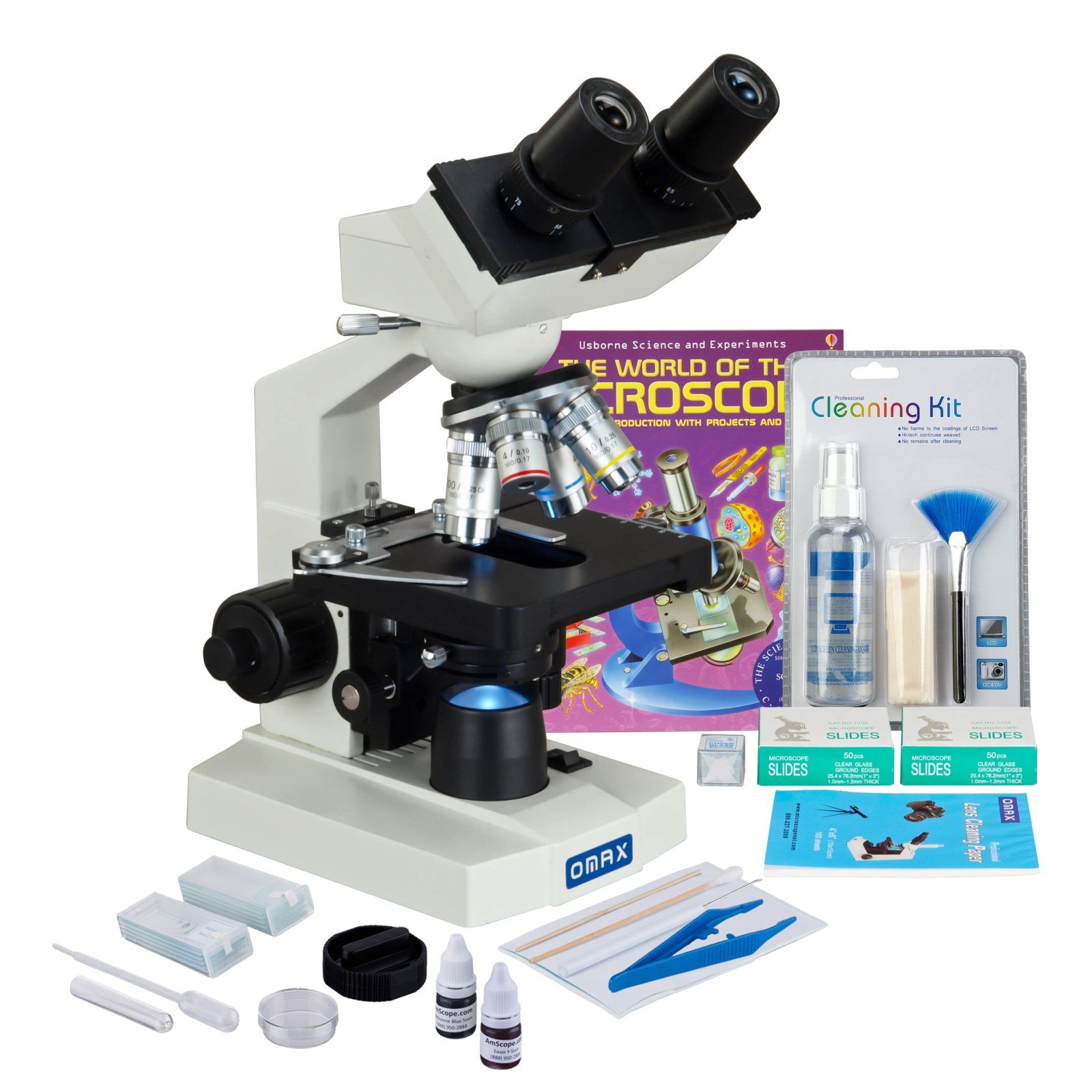 OMAX 2500X LED Binocular Microscope with Slide Preparation Kit, Cleaning Kit, Blank Slides & Lens Paper - Perfect for Lab Research, Classroom Learning & Hobbyist Microscopy