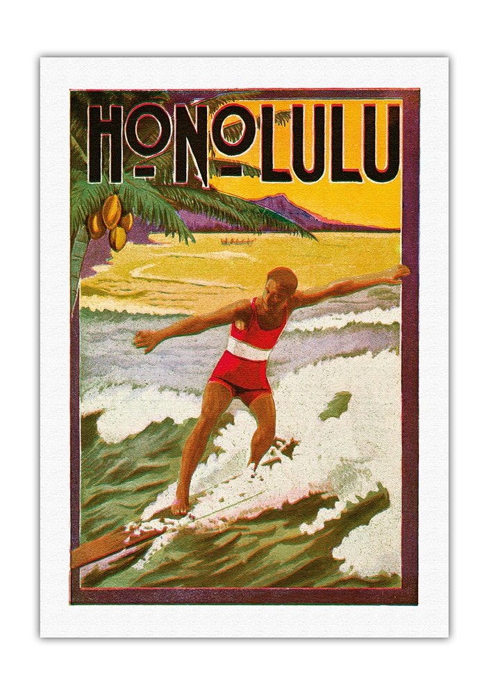 Vintage Honolulu Hawaii Surf Rider Travel Poster by Lucille Webster Holling c.1918 - 27x40in Fine Art Rolled Canvas Print - Perfect for Beach House Decor, Surfing Enthusiast Gifts & Retro Wall Art
