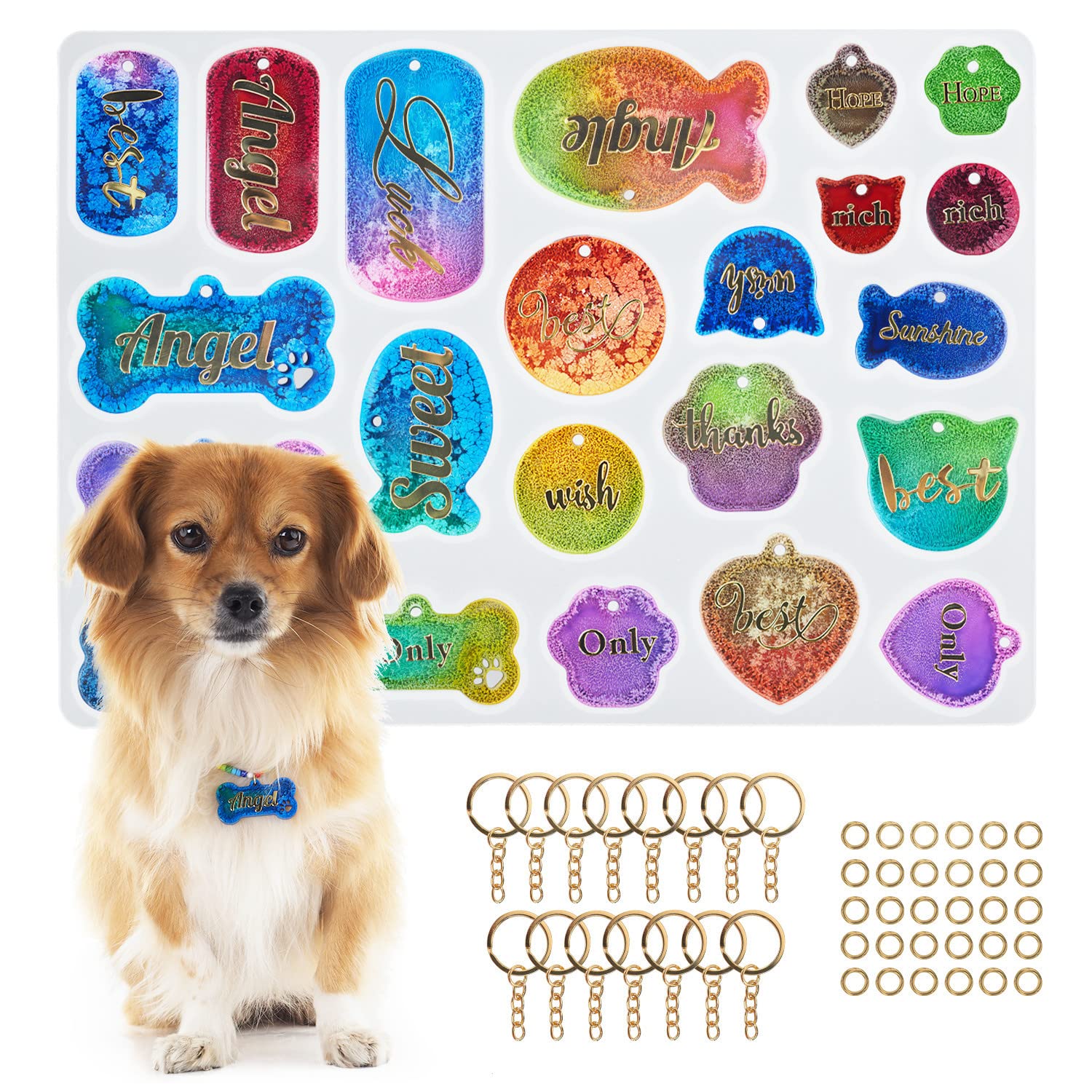 Konrisa Silicone Resin Molds for Pet Tags - DIY Custom Dog & Cat Collar Name Tags, Keychain Charms & Jewelry Making - 15Pcs Keychain Rings Included - Perfect for Epoxy Resin Casting, Pet Accessories & Handmade Gifts