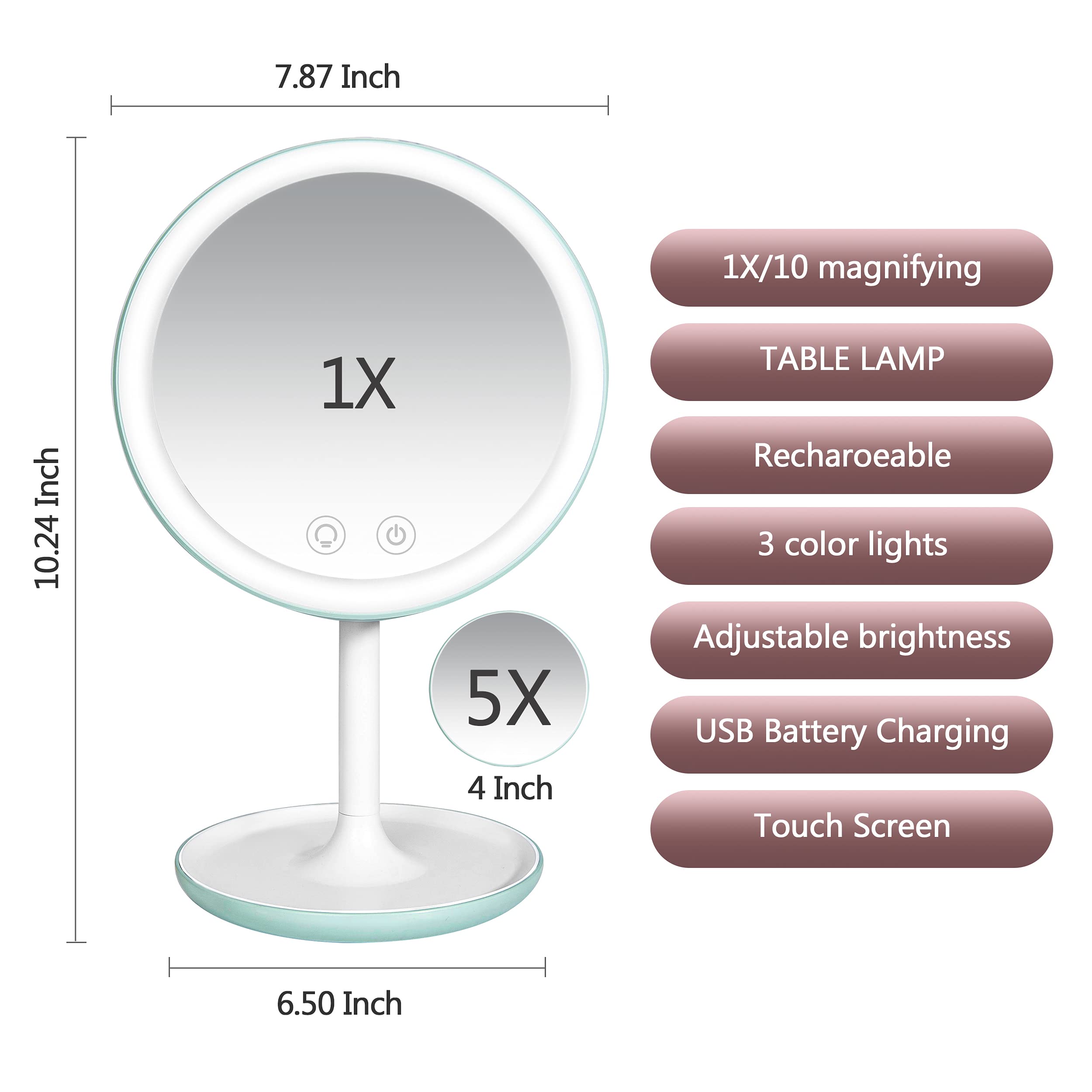 LED Makeup Mirror with Lights & 10X Magnification - Adjustable Brightness Touch Control Vanity Mirror with Stand, USB Charging, for Home, Bathroom, Dressing Table & Travel Use