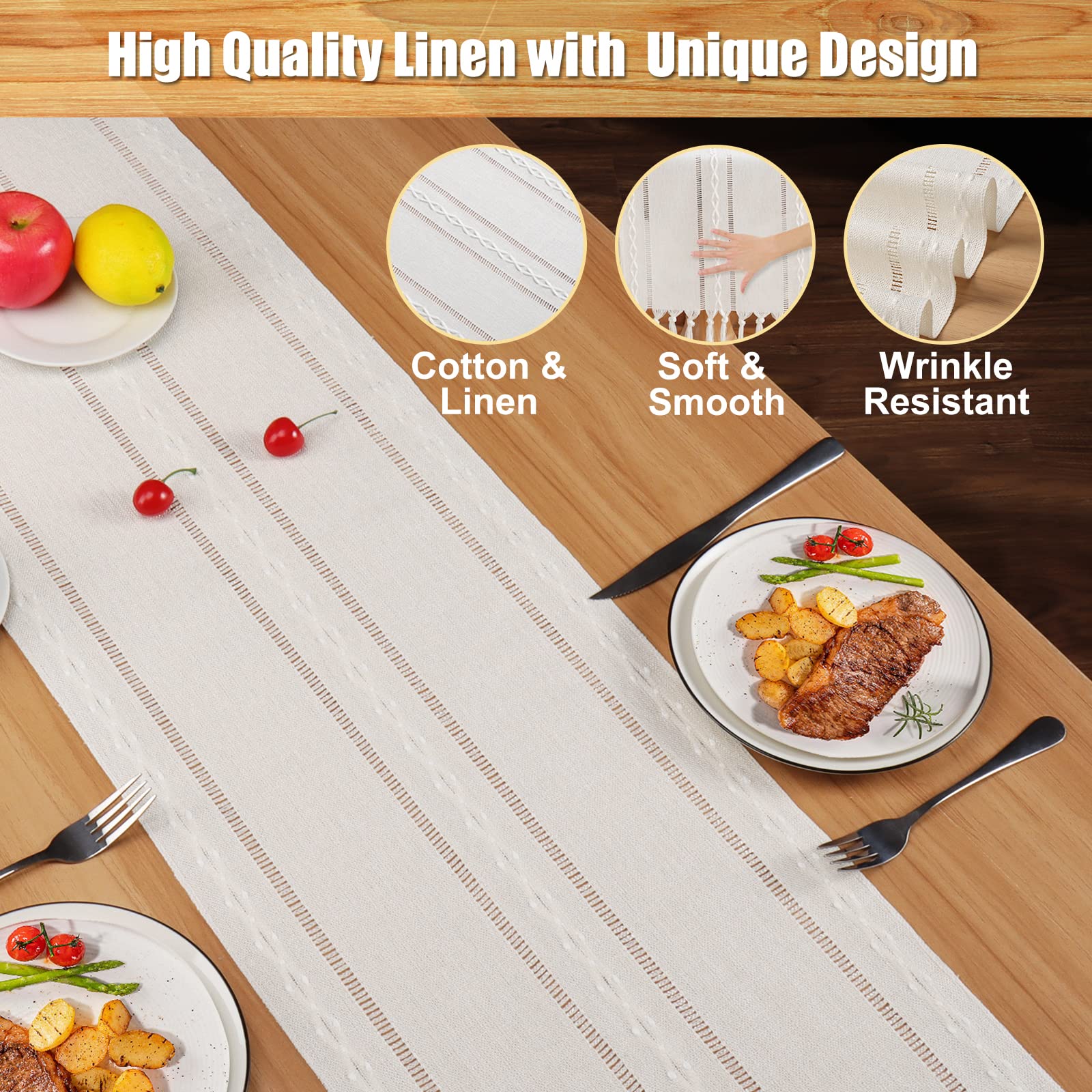 Boho Farmhouse Table Runner 72 Inch with Tassels, Wrinkle-Free Linen Beige & Ivory Table Runner for Wedding, Dining Room, Dresser Decor, Perfect for Holiday Parties and Home Styling